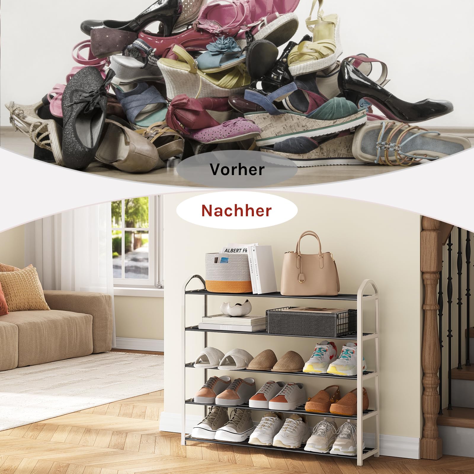 Étagère à chaussures Woltu - 79 x 75 x 18,5 cm - 5 étages - Poignée de transport - Gris/Crème