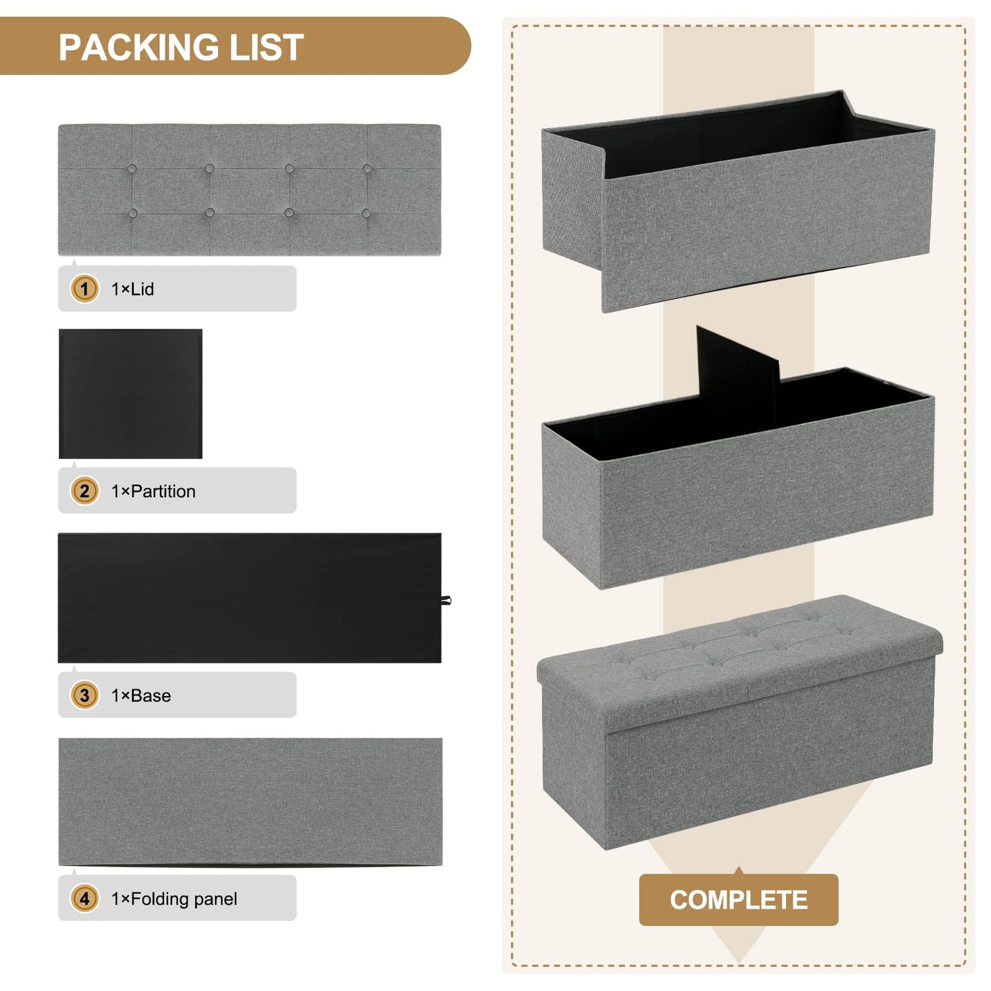 Banc de rangement Woltu - 110 cm - 118 L - Pliable - Gris clair