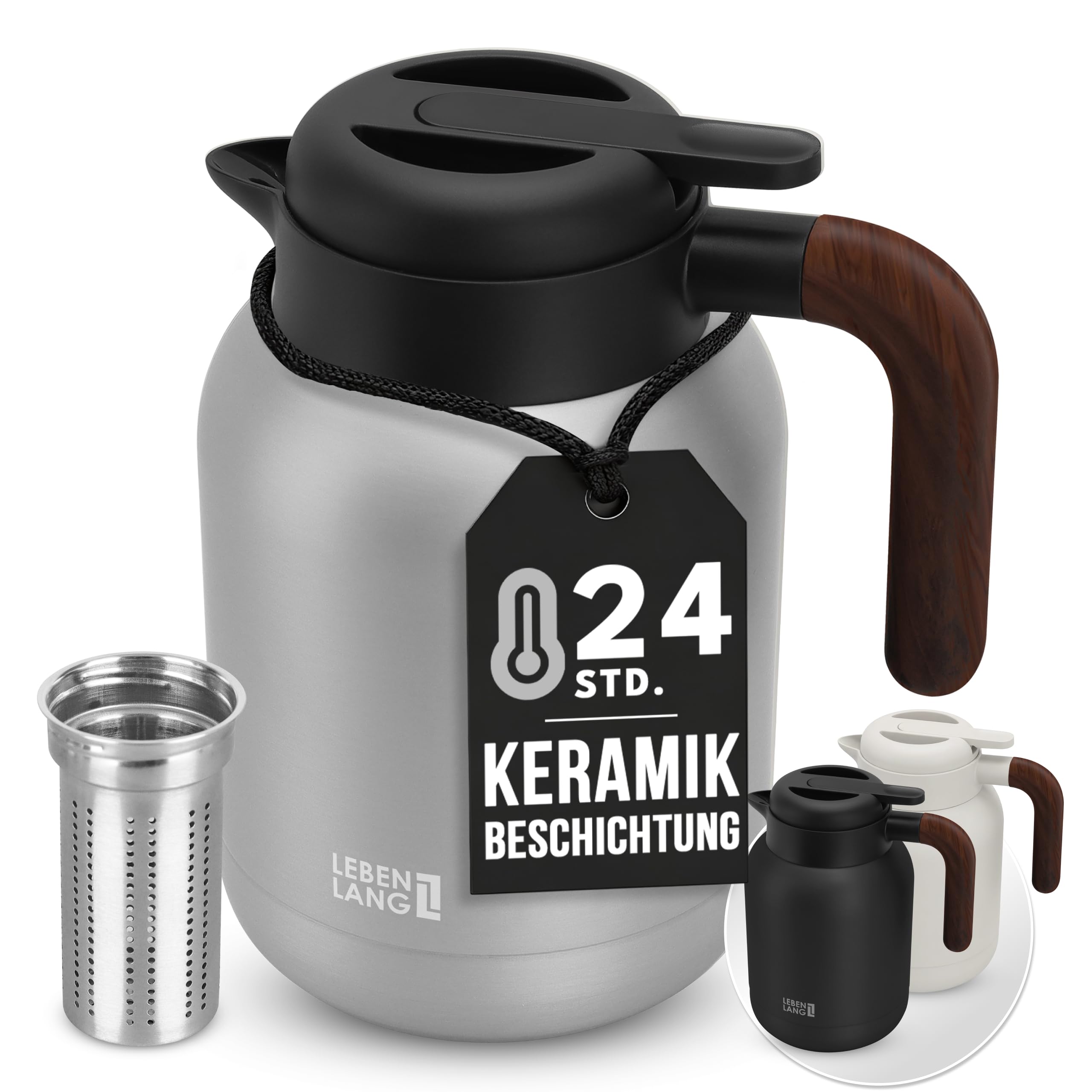 Thermos Lebenlang - 1,5 l - Filtre à thé - 24 heures - Noir