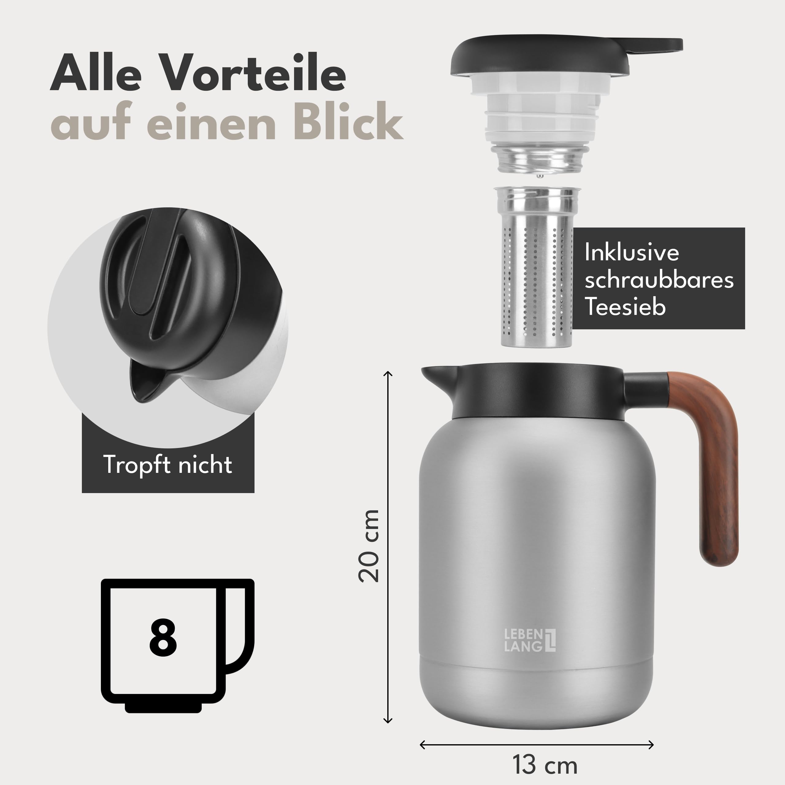 Thermos Lebenlang - 1,5 l - Filtre à thé - 24 heures - Noir