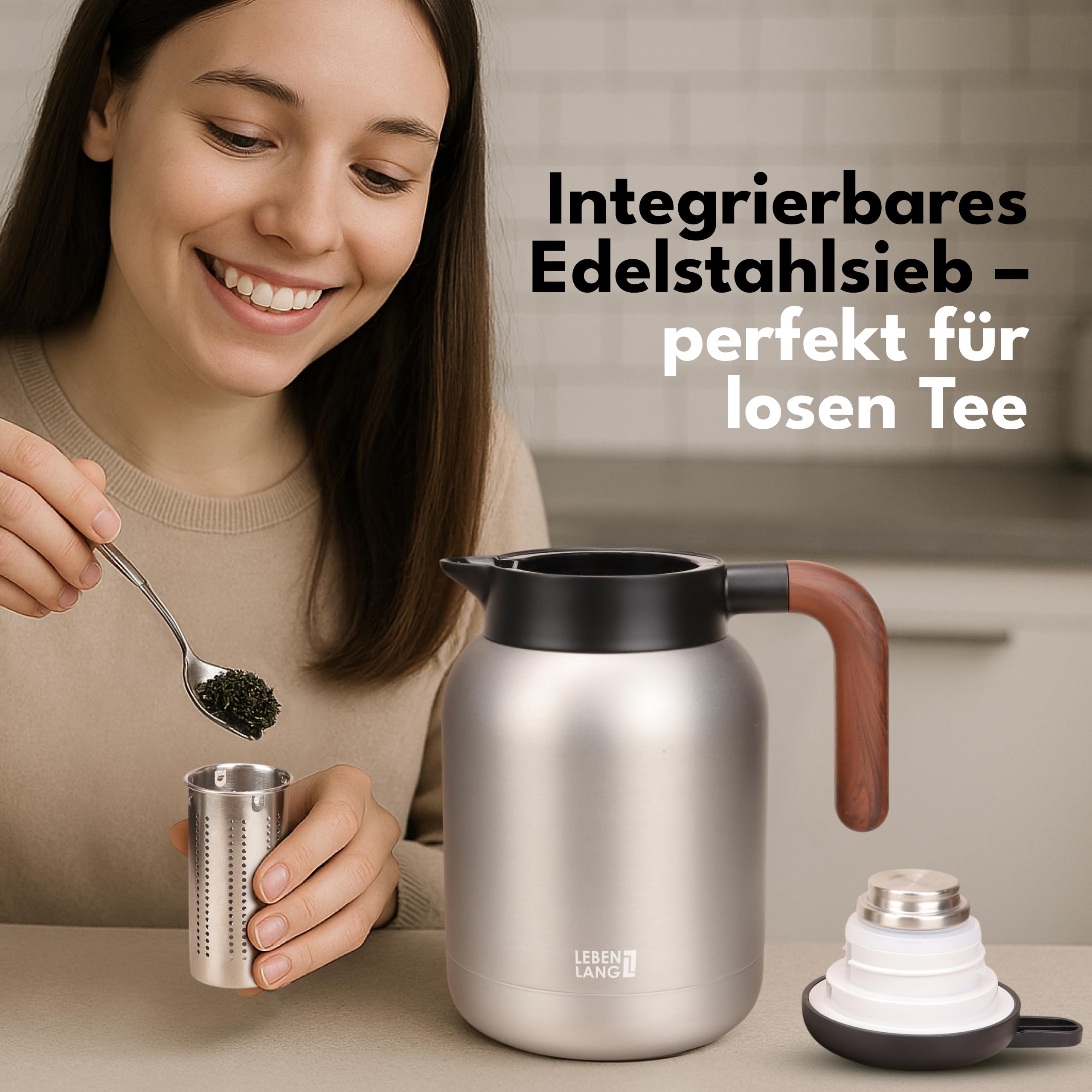 Thermos Lebenlang - 1,5 l - Filtre à thé - 24 heures - Noir