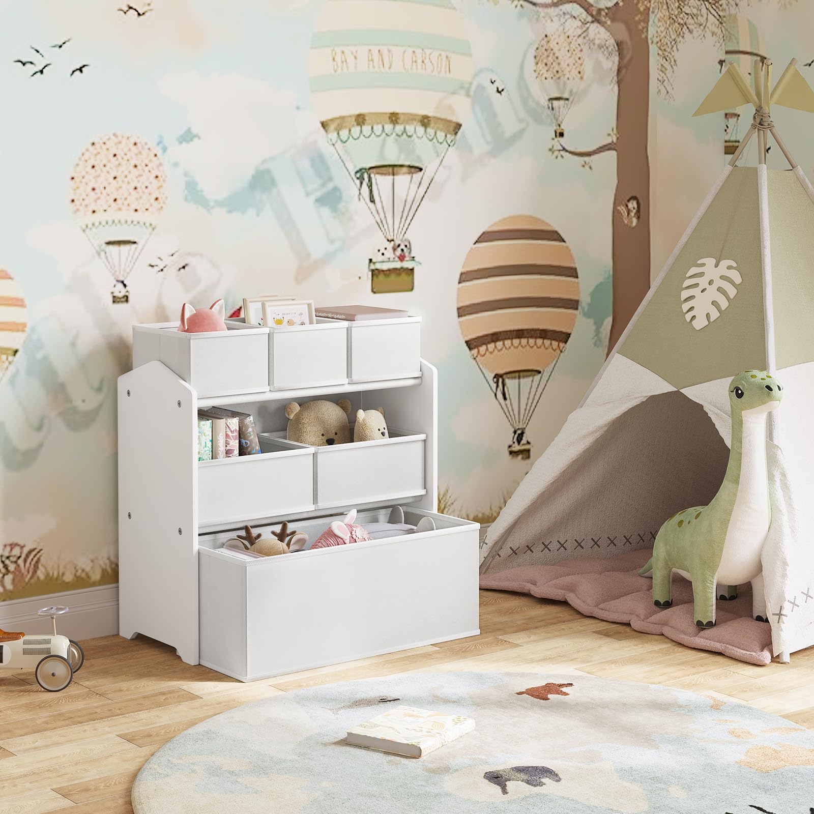 Meuble de rangement pour enfants Lestarain - 63 x 60 x 30 cm - 9 bacs - Blanc/Gris