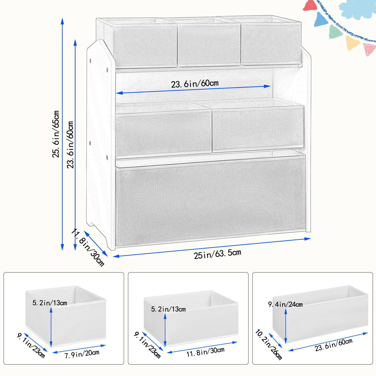 Meuble de rangement pour enfants Lestarain - 63 x 60 x 30 cm - 9 bacs - Blanc/Gris