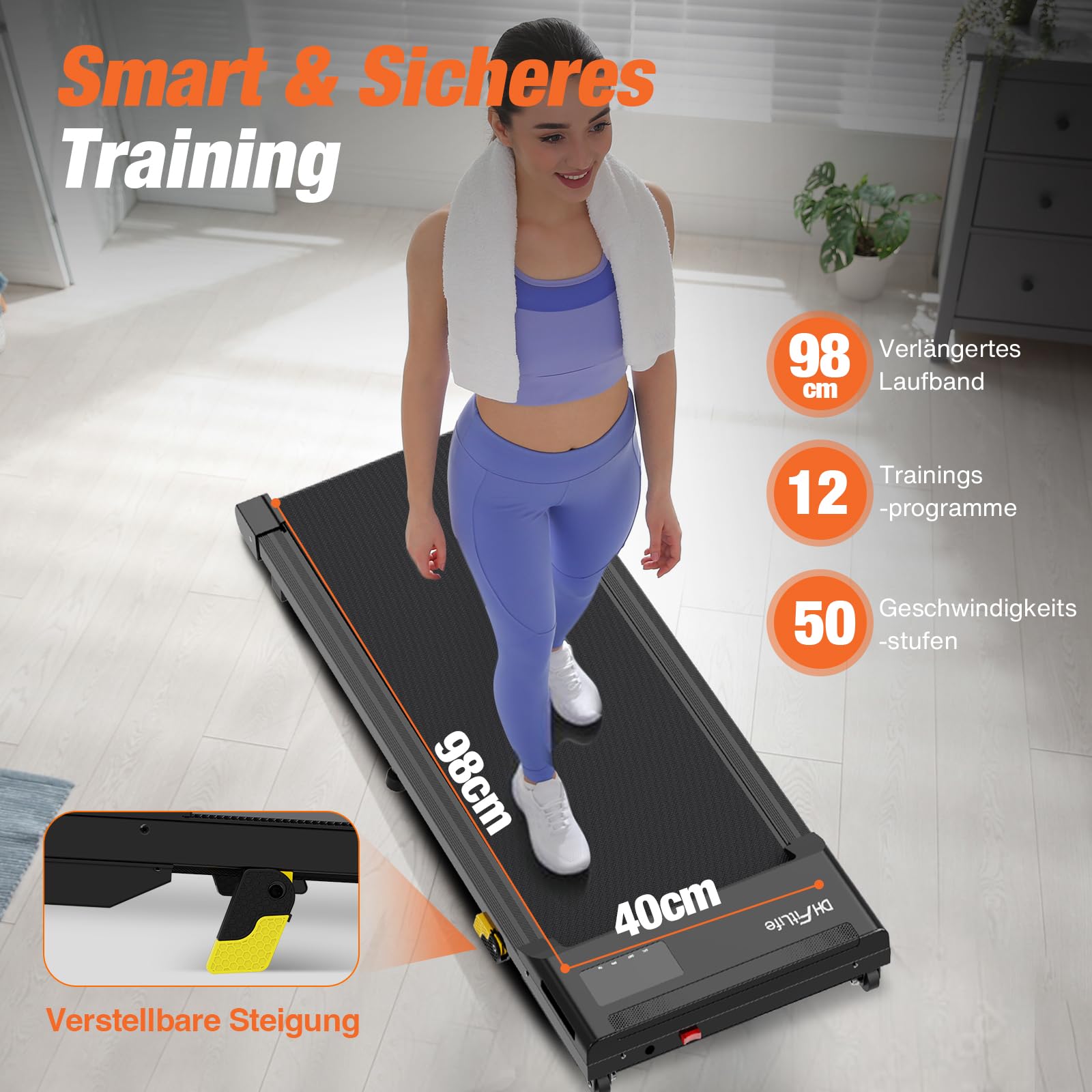 DH FitLife Walking Pad - 2026 - 1 à 6 km/h - Inclinaison de 0 à 6 % - Commande via application