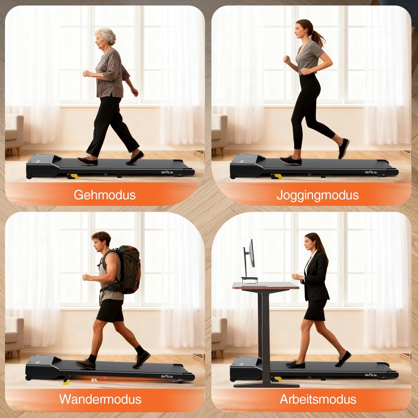 DH FitLife Walking Pad - 2026 - 1 à 6 km/h - Inclinaison de 0 à 6 % - Commande via application