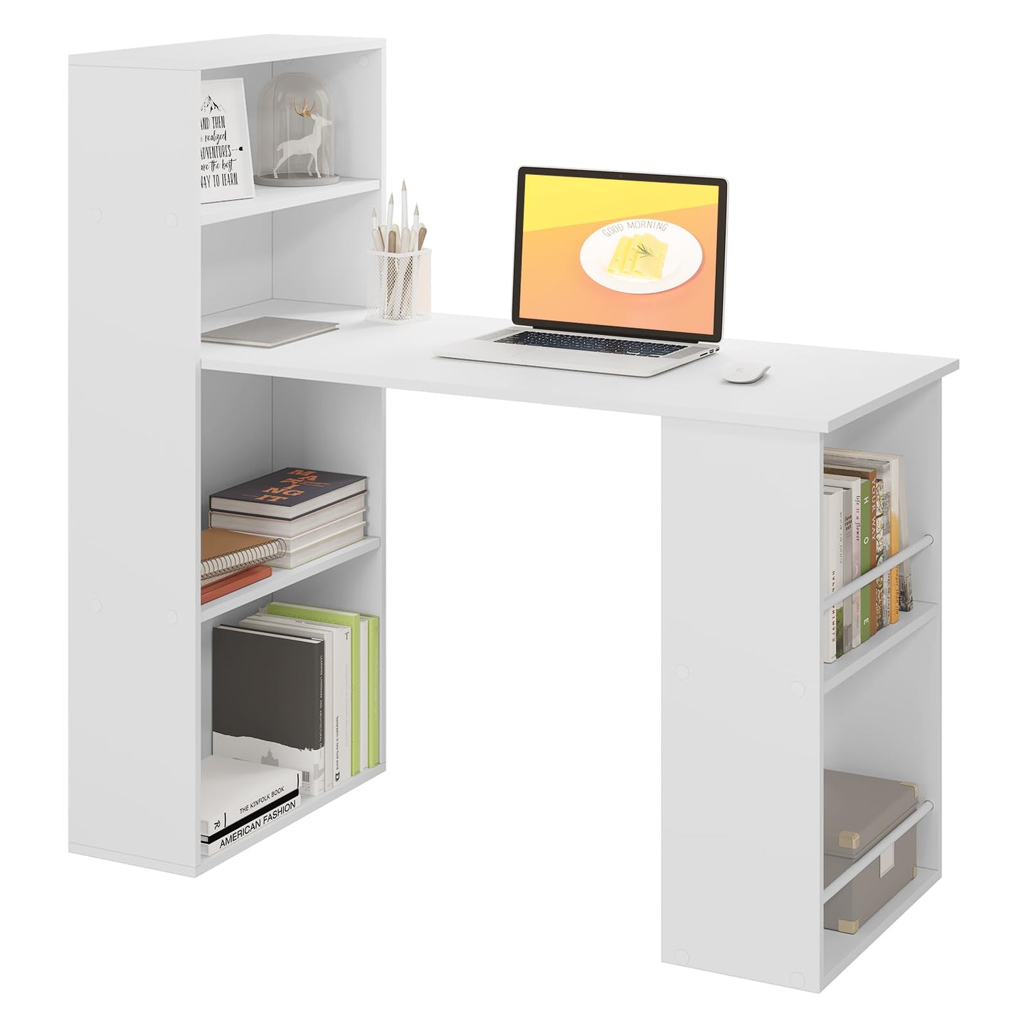 Bureau Esituro - 120 x 55 x 120 cm - Avec rangement et bibliothèque - Blanc
