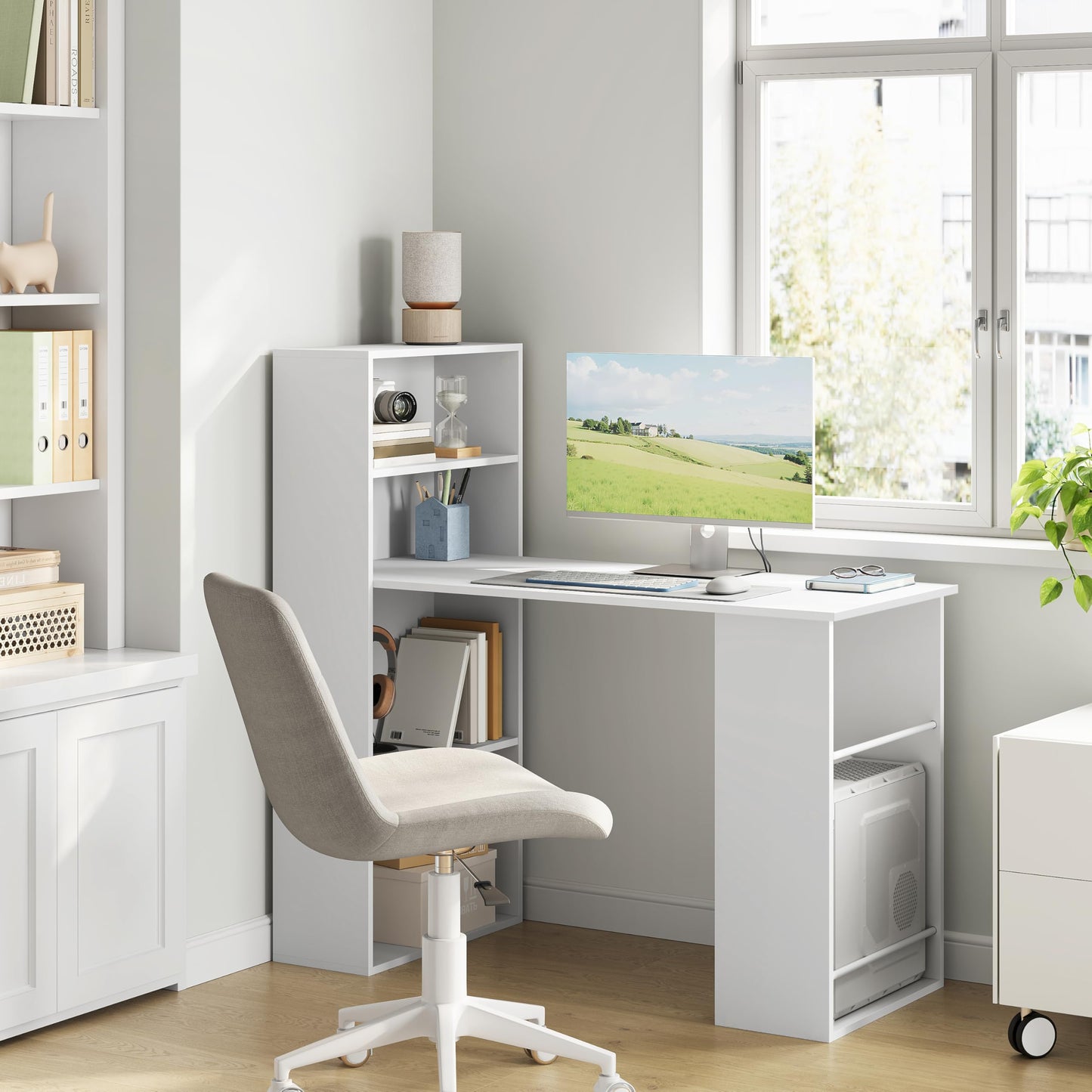 Bureau Esituro - 120 x 55 x 120 cm - Avec rangement et bibliothèque - Blanc