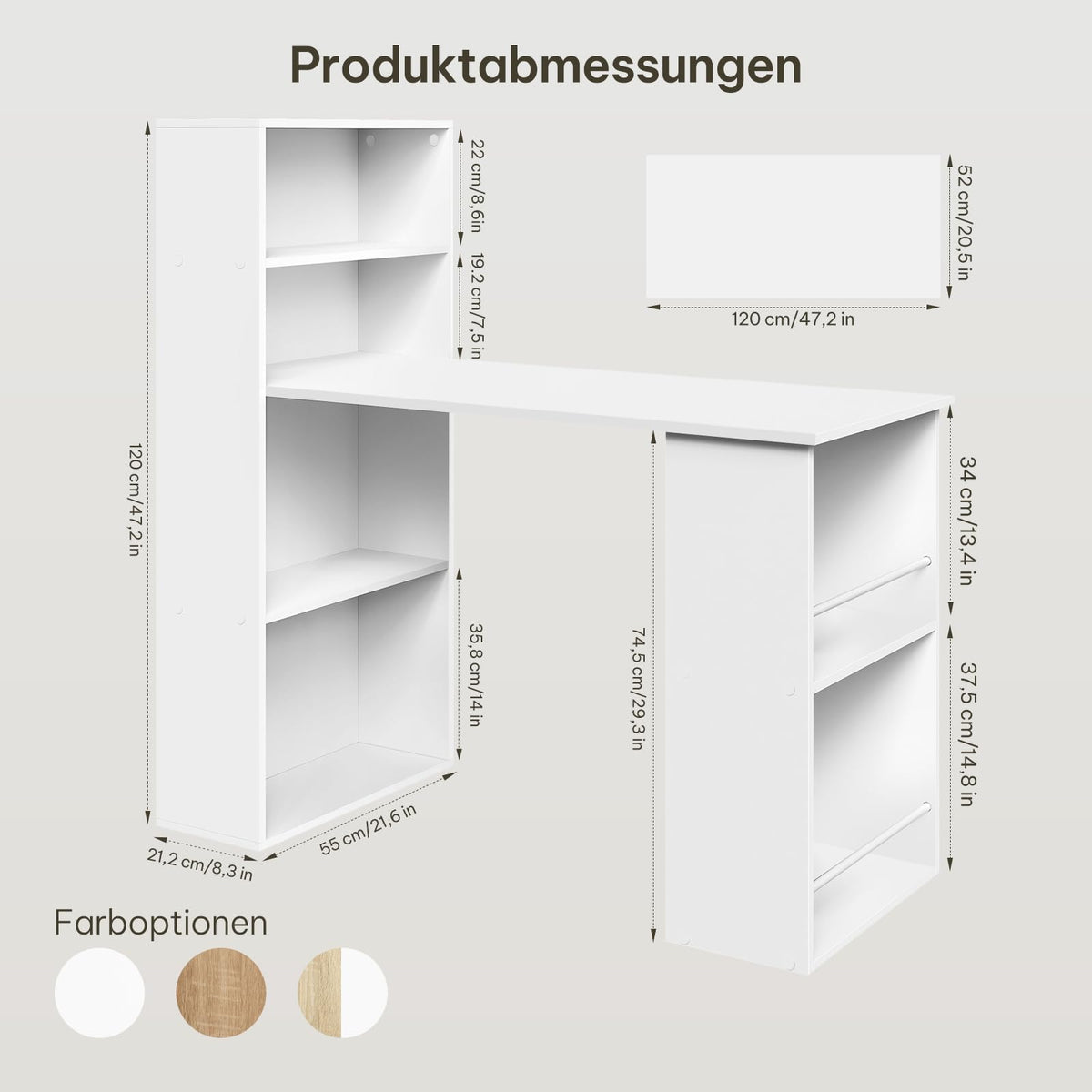 Bureau Esituro - 120 x 55 x 120 cm - Avec rangement et bibliothèque - Blanc