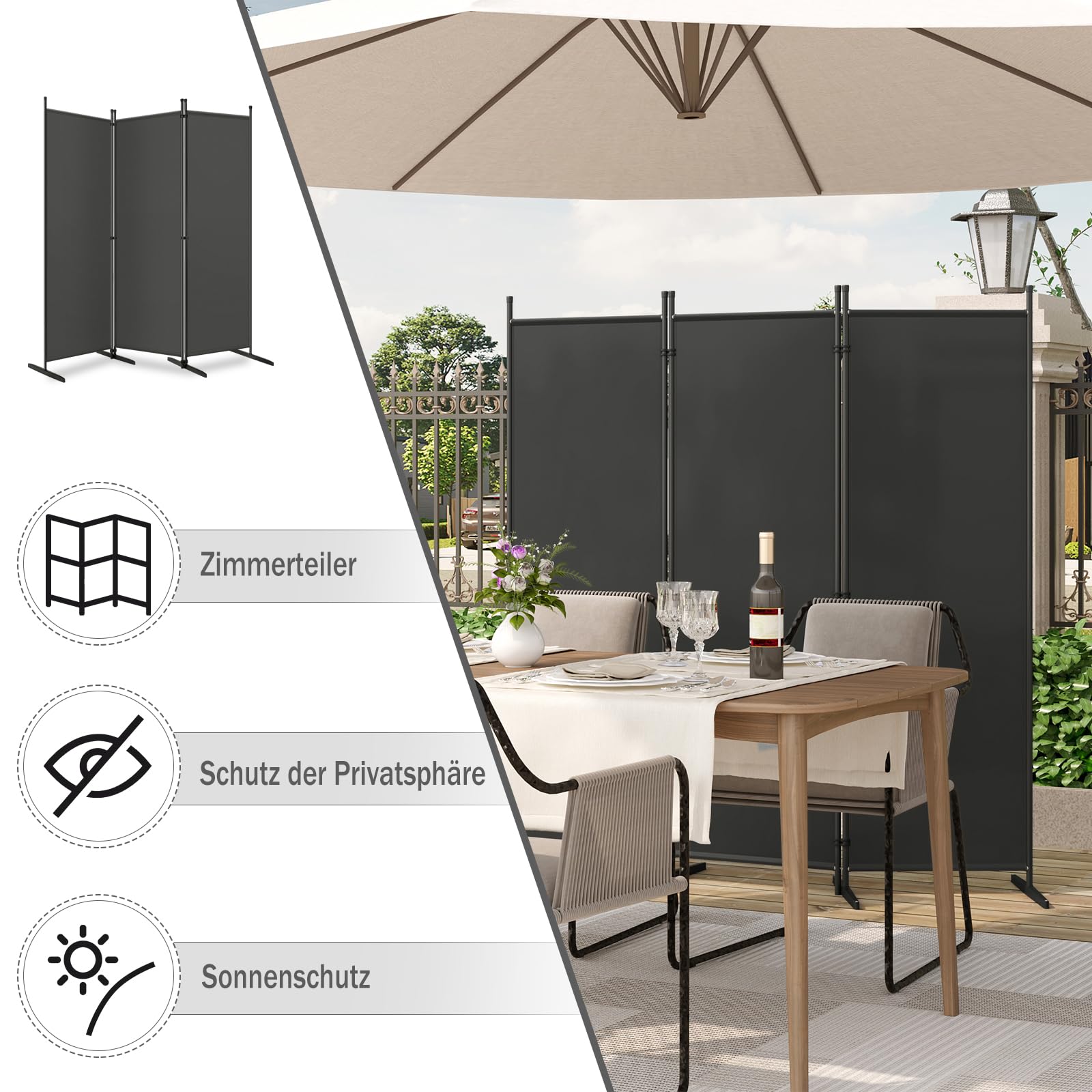 Paravent Woltu - 3 panneaux - 167 x 177 cm - Polyester/métal - Gris foncé