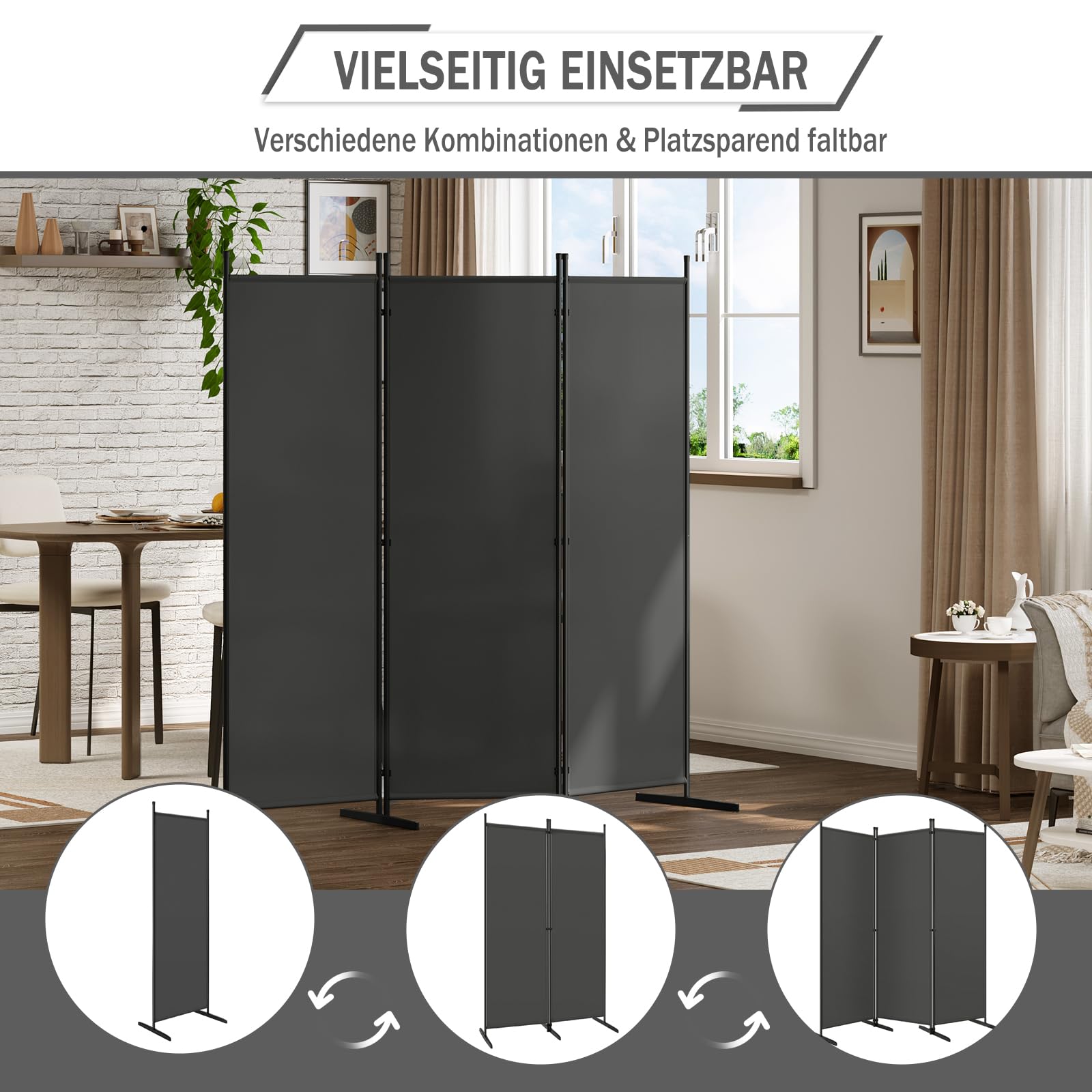 Paravent Woltu - 3 panneaux - 167 x 177 cm - Polyester/métal - Gris foncé