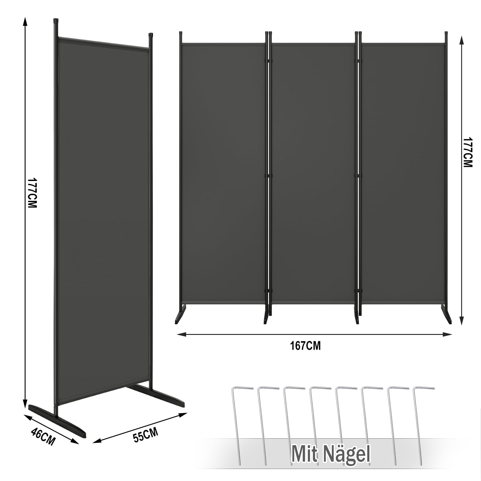 Paravent Woltu - 3 panneaux - 167 x 177 cm - Polyester/métal - Gris foncé