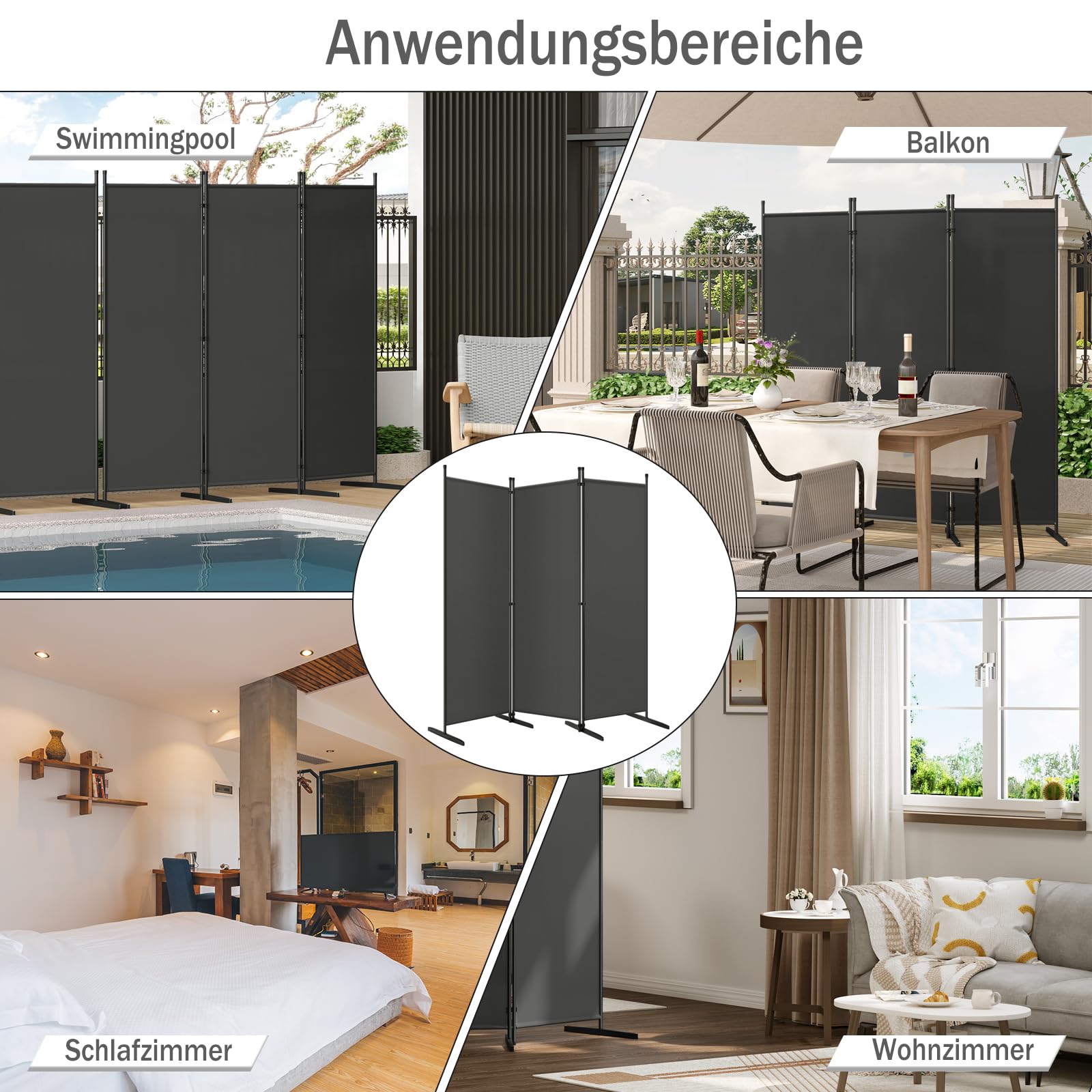 Paravent Woltu - 3 panneaux - 167 x 177 cm - Polyester/métal - Gris foncé