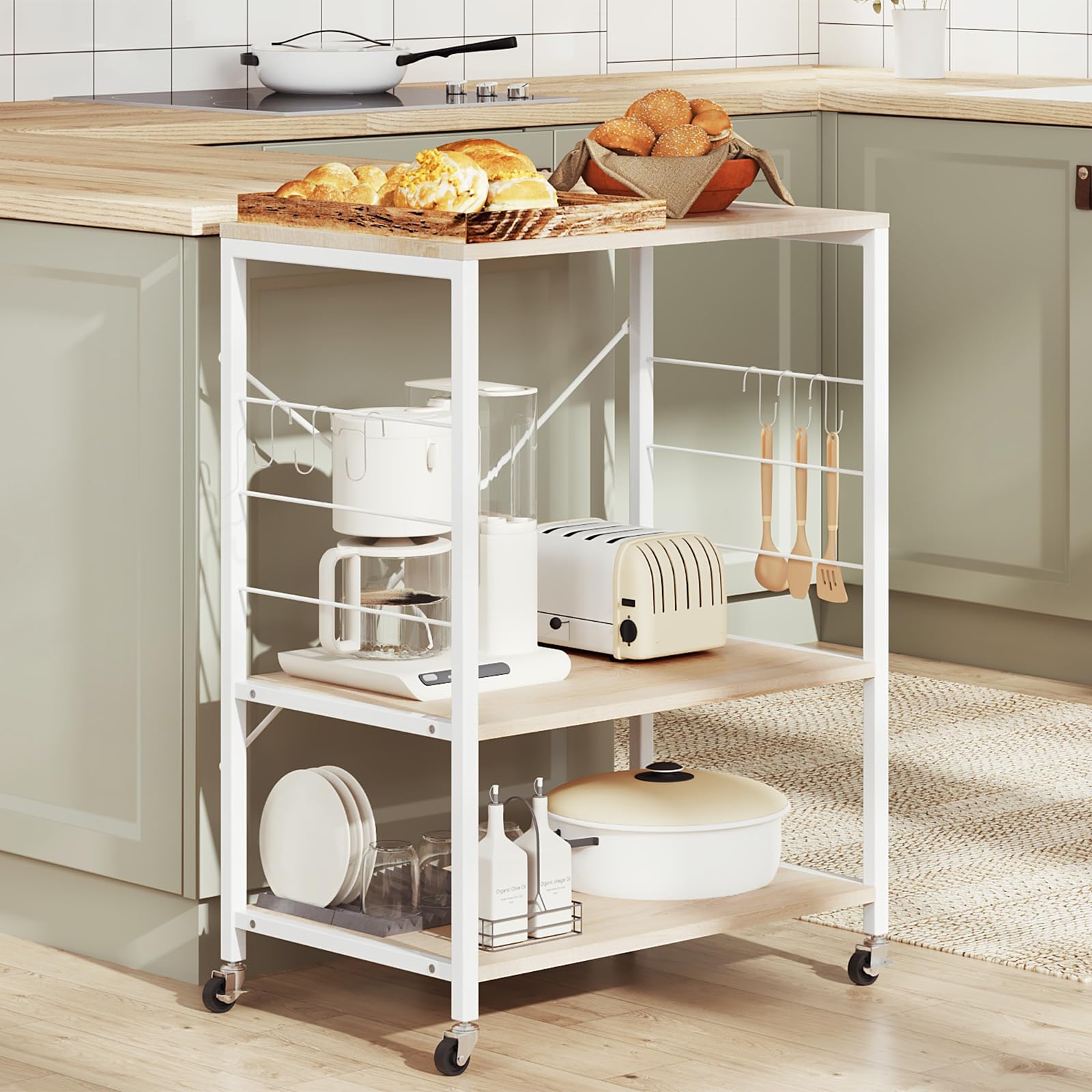 Étagère de cuisine Woltu - 60 x 40 x 82,5 cm - 3 étages - Sur roulettes - Chêne clair/Blanc