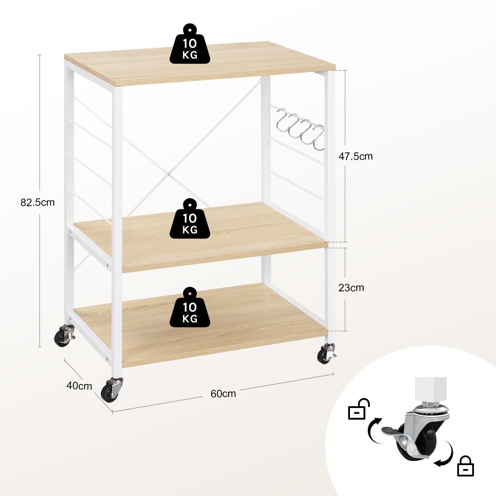Étagère de cuisine Woltu - 60 x 40 x 82,5 cm - 3 étages - Sur roulettes - Chêne clair/Blanc
