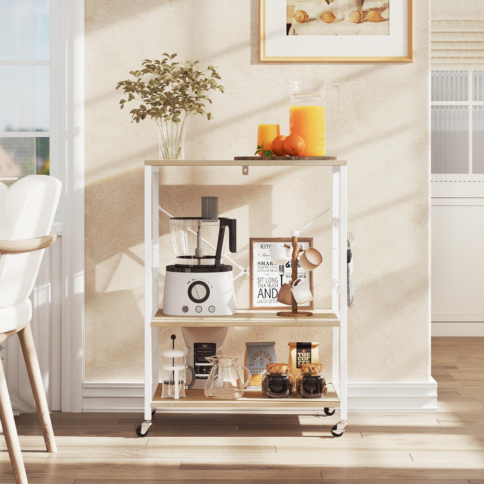 Étagère de cuisine Woltu - 60 x 40 x 82,5 cm - 3 étages - Sur roulettes - Chêne clair/Blanc