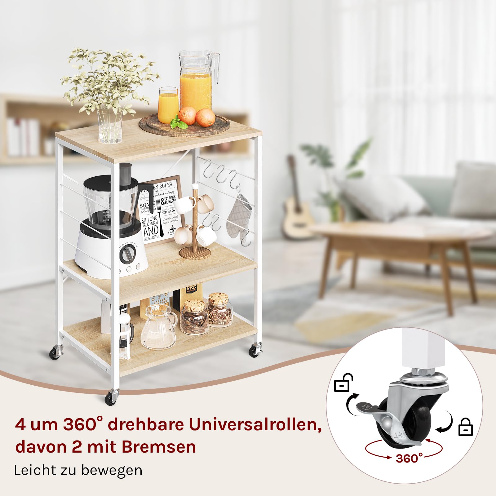 Étagère de cuisine Woltu - 60 x 40 x 82,5 cm - 3 étages - Sur roulettes - Chêne clair/Blanc