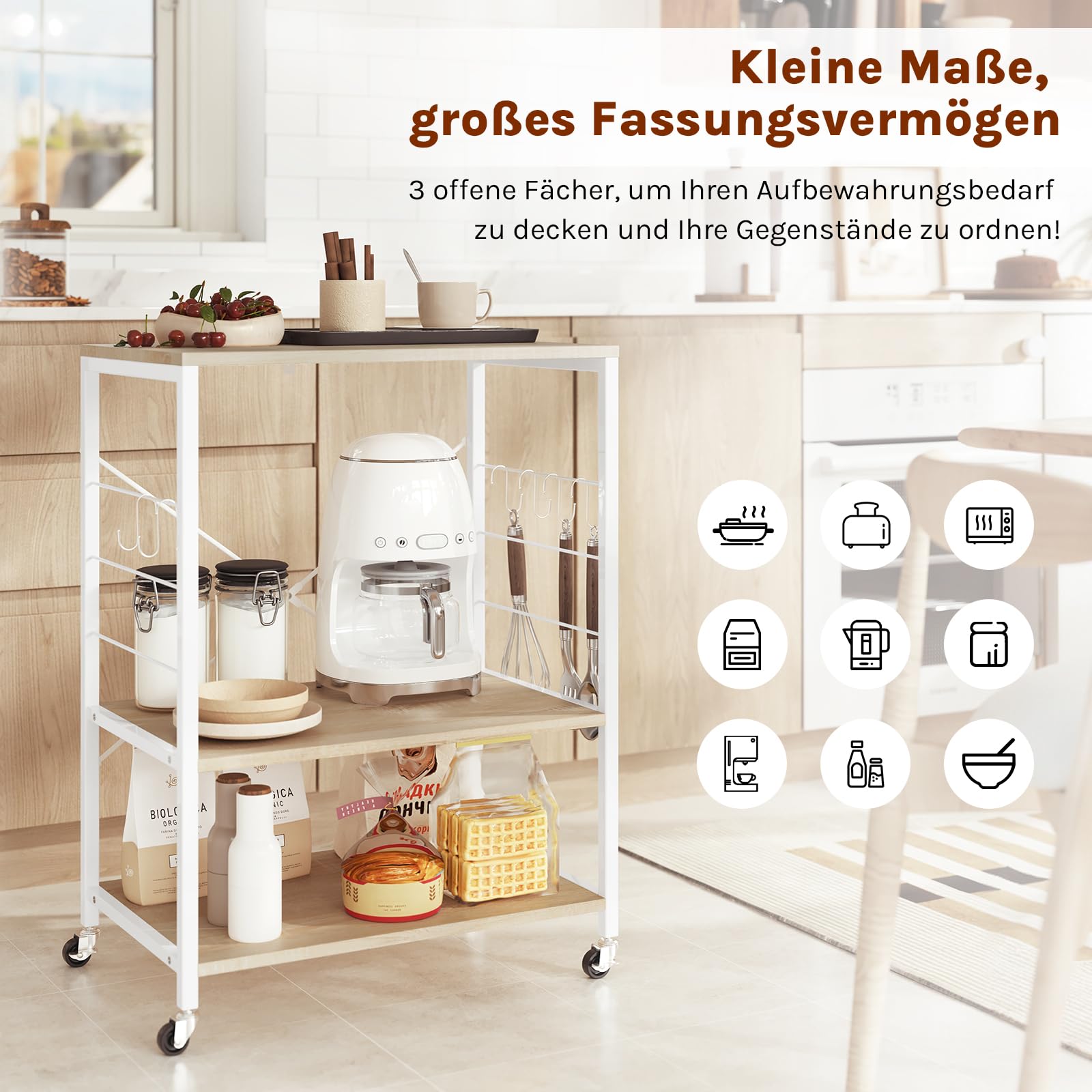 Étagère de cuisine Woltu - 60 x 40 x 82,5 cm - 3 étages - Sur roulettes - Chêne clair/Blanc
