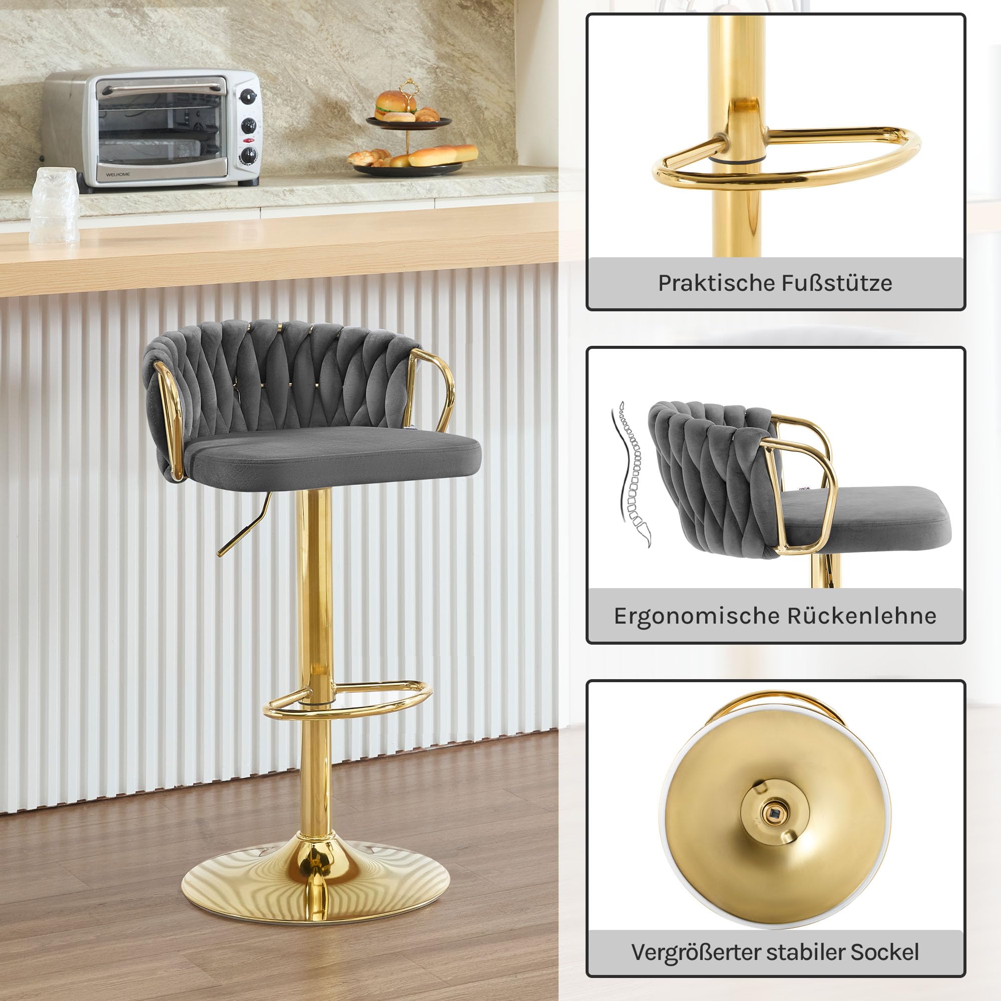 Tabouret Woltu - Réglable - Pivotant à 360° - Velours - Gris foncé