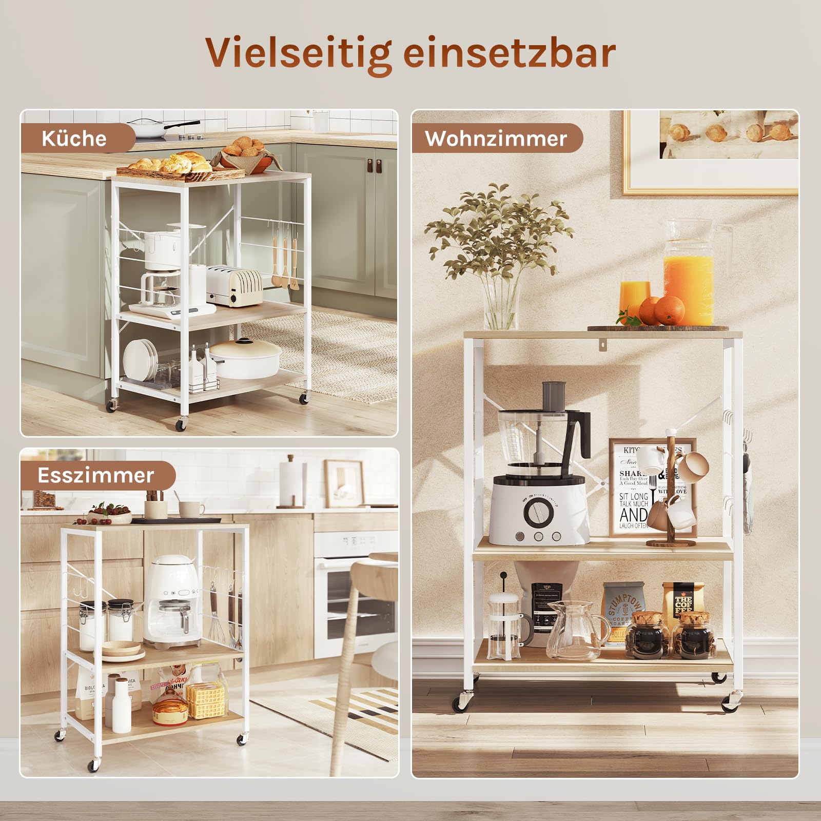 Étagère de cuisine Woltu - 60 x 40 x 82,5 cm - 3 étages - Sur roulettes - Chêne clair/Blanc