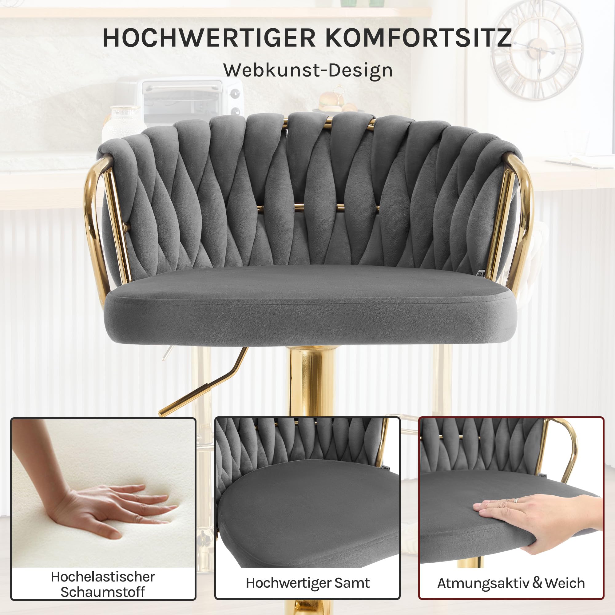 Tabouret Woltu - Réglable - Pivotant à 360° - Velours - Gris foncé
