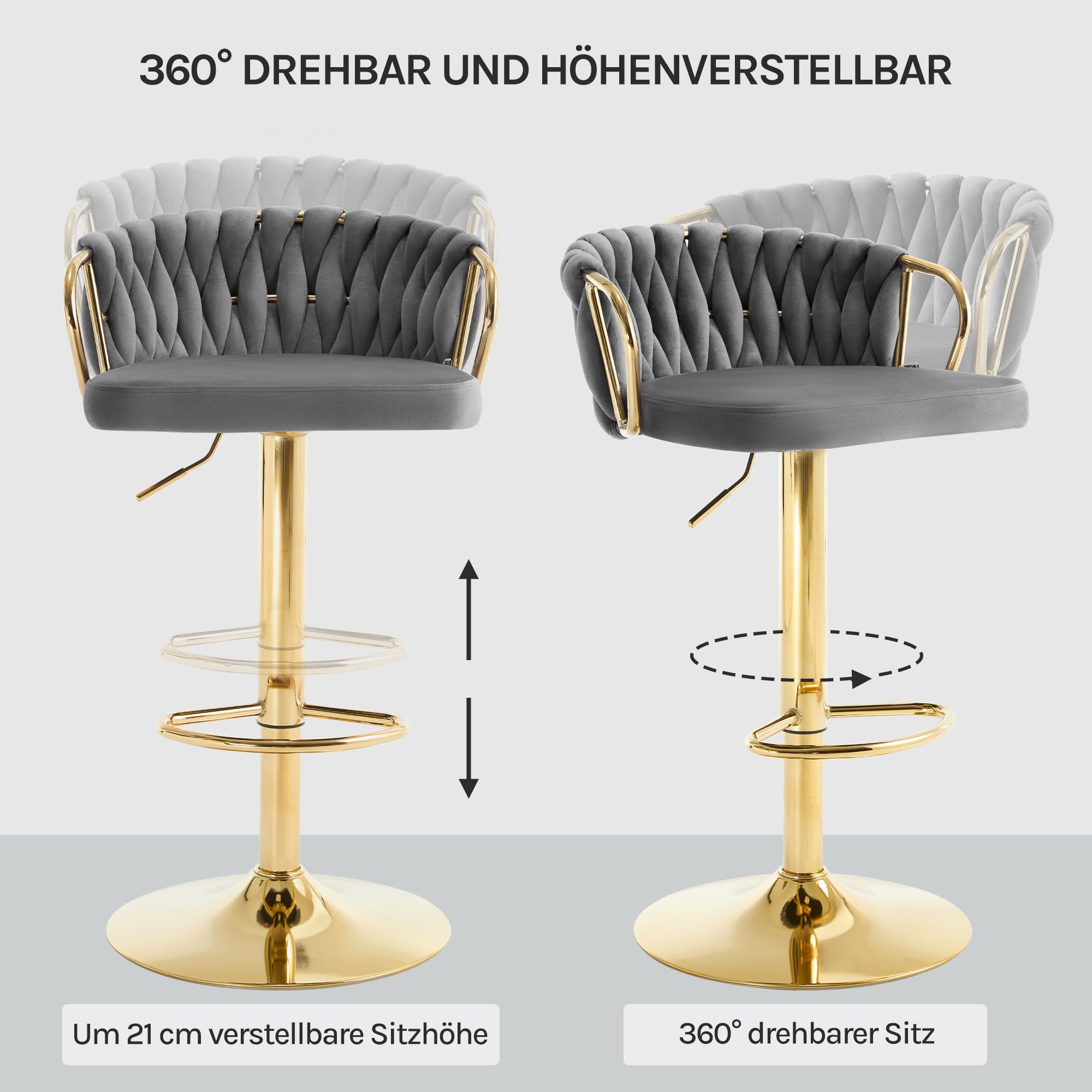 Tabouret Woltu - Réglable - Pivotant à 360° - Velours - Gris foncé