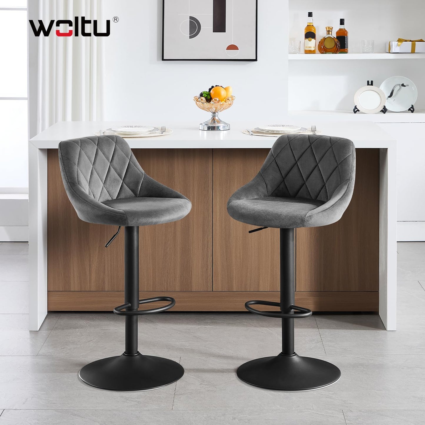 Tabouret Woltu - Velours - Réglable en hauteur - Pivotant à 360° - Gris foncé