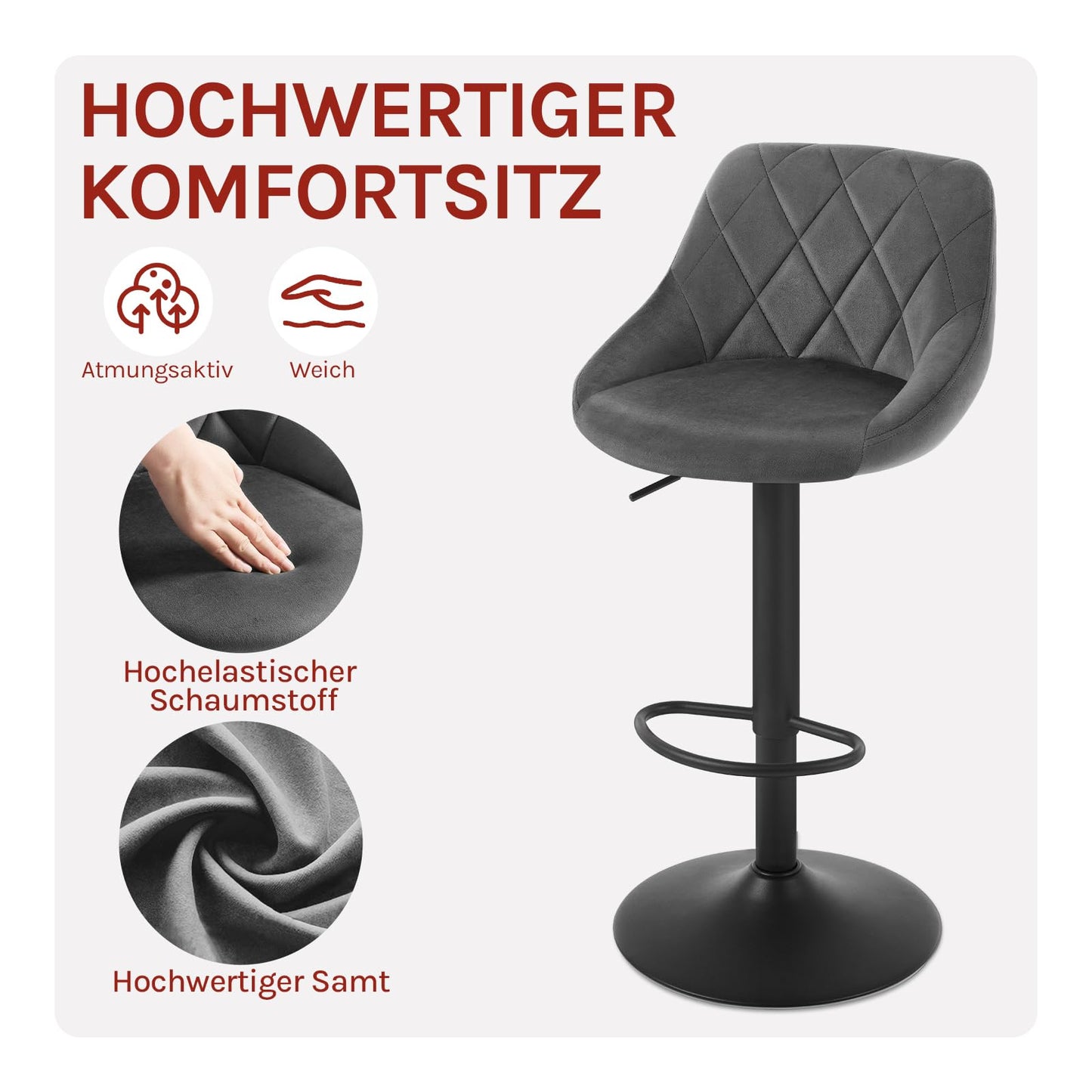 Tabouret Woltu - Velours - Réglable en hauteur - Pivotant à 360° - Gris foncé