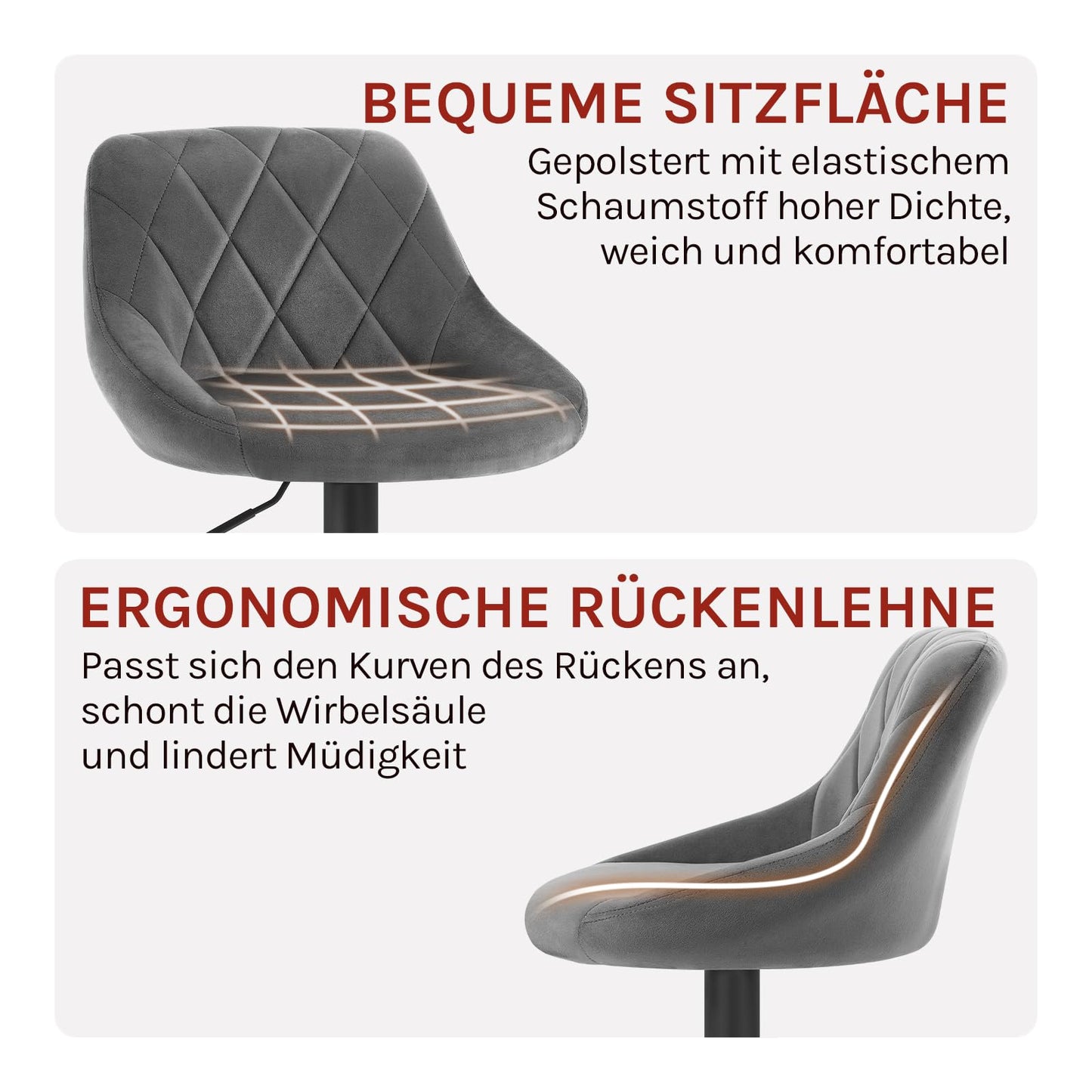 Tabouret Woltu - Velours - Réglable en hauteur - Pivotant à 360° - Gris foncé