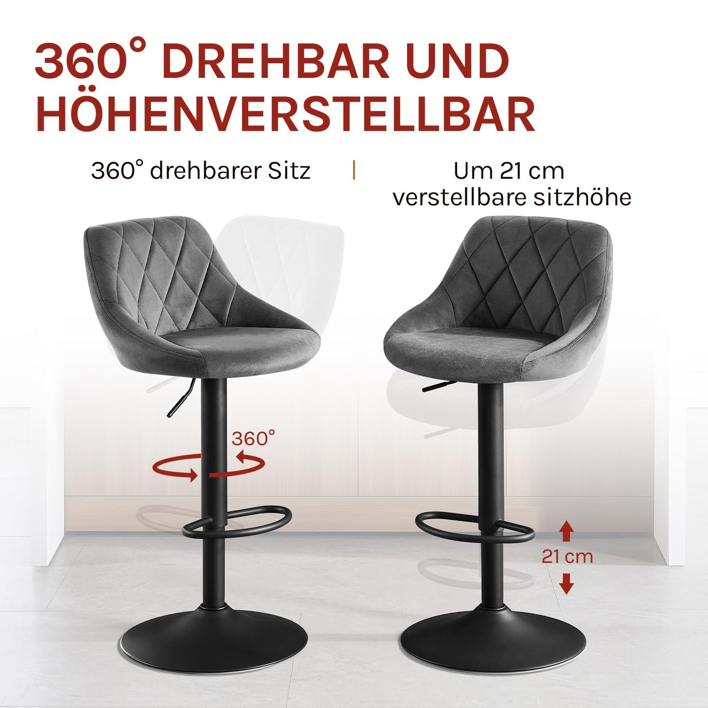 Tabouret Woltu - Velours - Réglable en hauteur - Pivotant à 360° - Gris foncé
