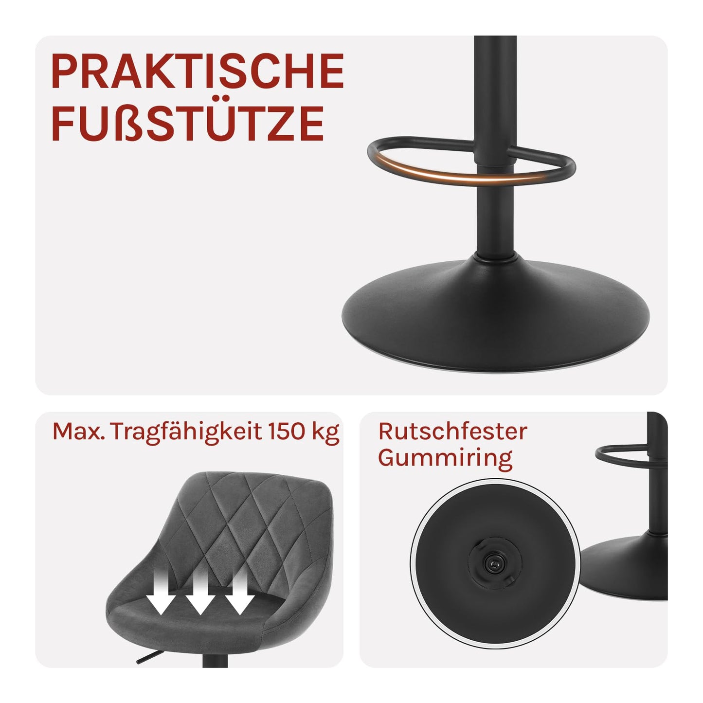 Tabouret Woltu - Velours - Réglable en hauteur - Pivotant à 360° - Gris foncé