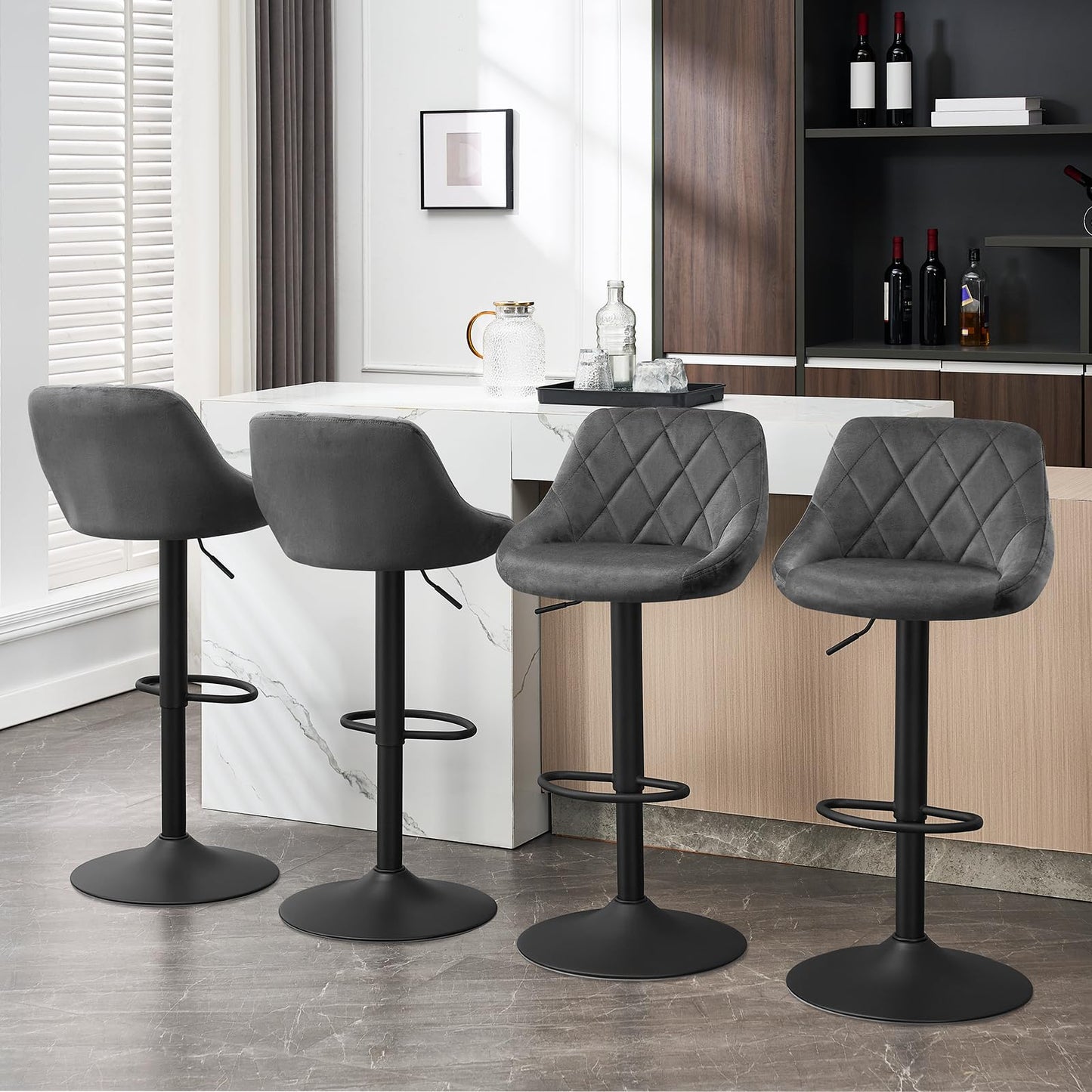 Tabouret Woltu - Velours - Réglable en hauteur - Pivotant à 360° - Gris foncé