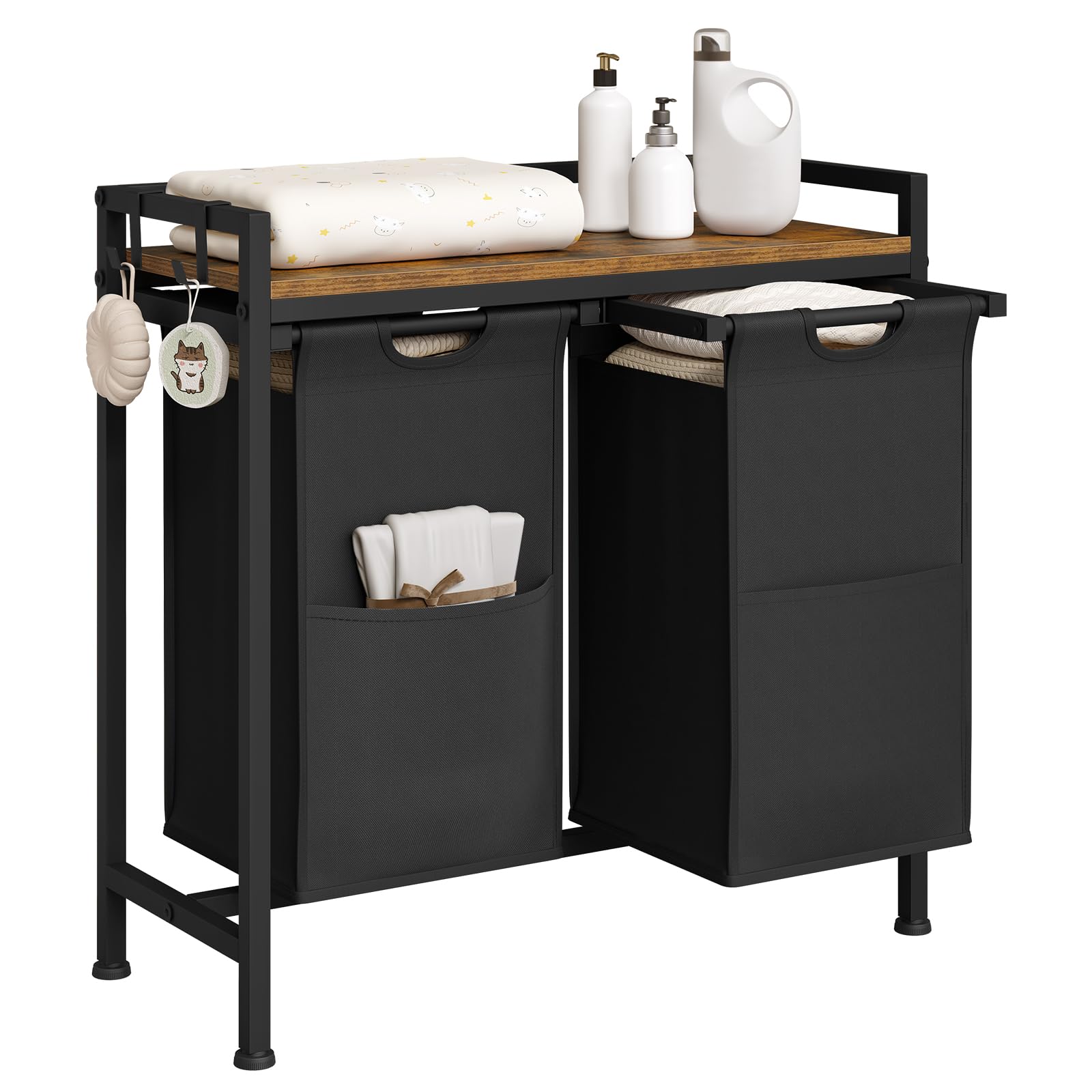 Panier à linge Woltu - 2 compartiments - 80 L - Avec étagère - Noir