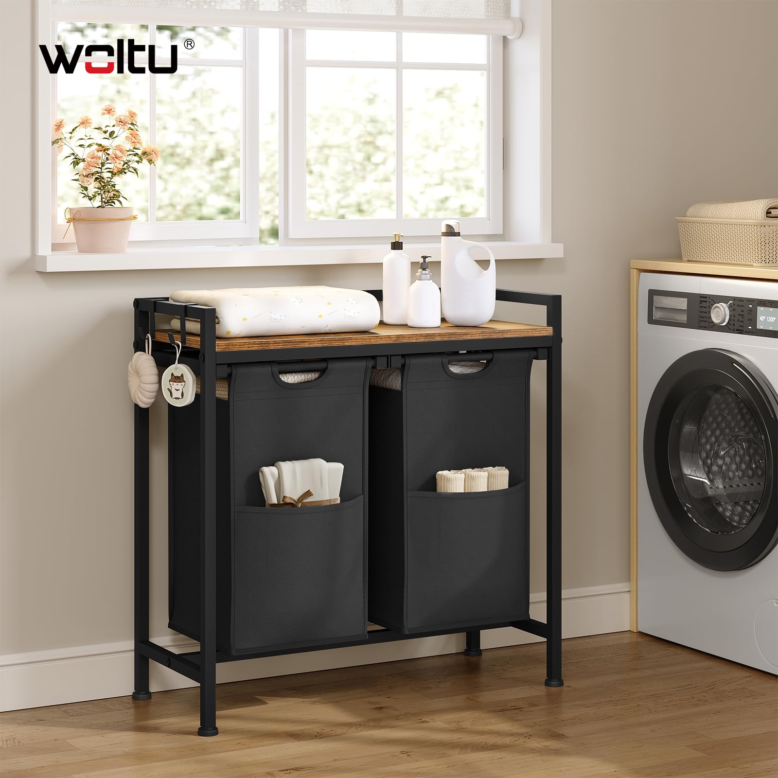 Panier à linge Woltu - 2 compartiments - 80 L - Avec étagère - Noir
