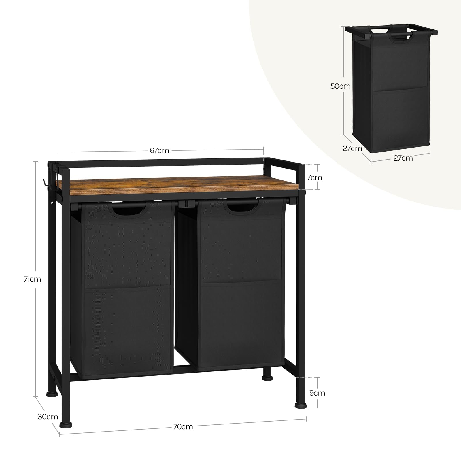Panier à linge Woltu - 2 compartiments - 80 L - Avec étagère - Noir
