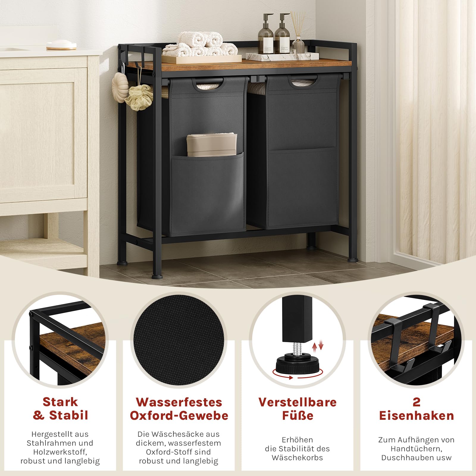 Panier à linge Woltu - 2 compartiments - 80 L - Avec étagère - Noir