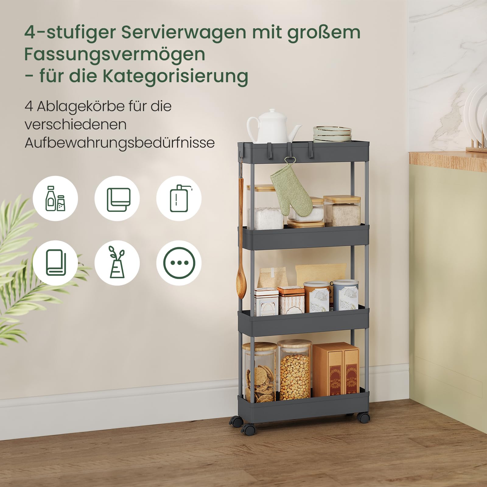 Chariot de service Klihome - chariot de cuisine à 4 étagères - sur roulettes - gris - 39 x 83,5 x 12,5 cm