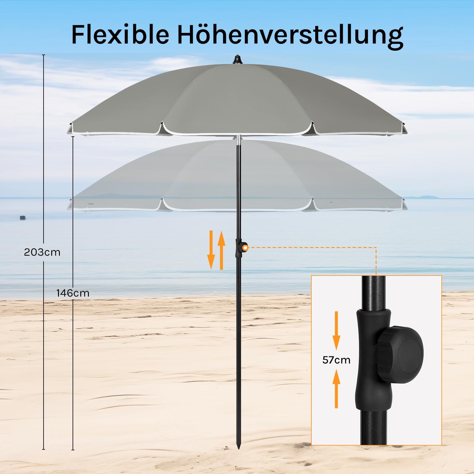 Parasol Woltu - 175 cm - Rond - Réglable - Résistant aux UV - Gris foncé
