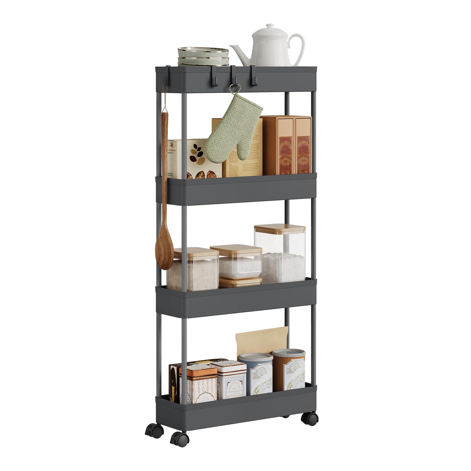 Chariot de service Klihome - chariot de cuisine à 4 étagères - sur roulettes - gris - 39 x 83,5 x 12,5 cm