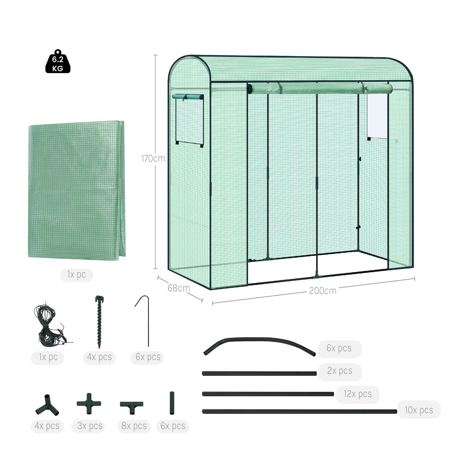 Serre tunnel WOLTU - Serre en PE - résistante à l'hiver - avec une porte et deux fenêtres - armature en tubes d'acier - 200 x 170 x 68 cm - verte