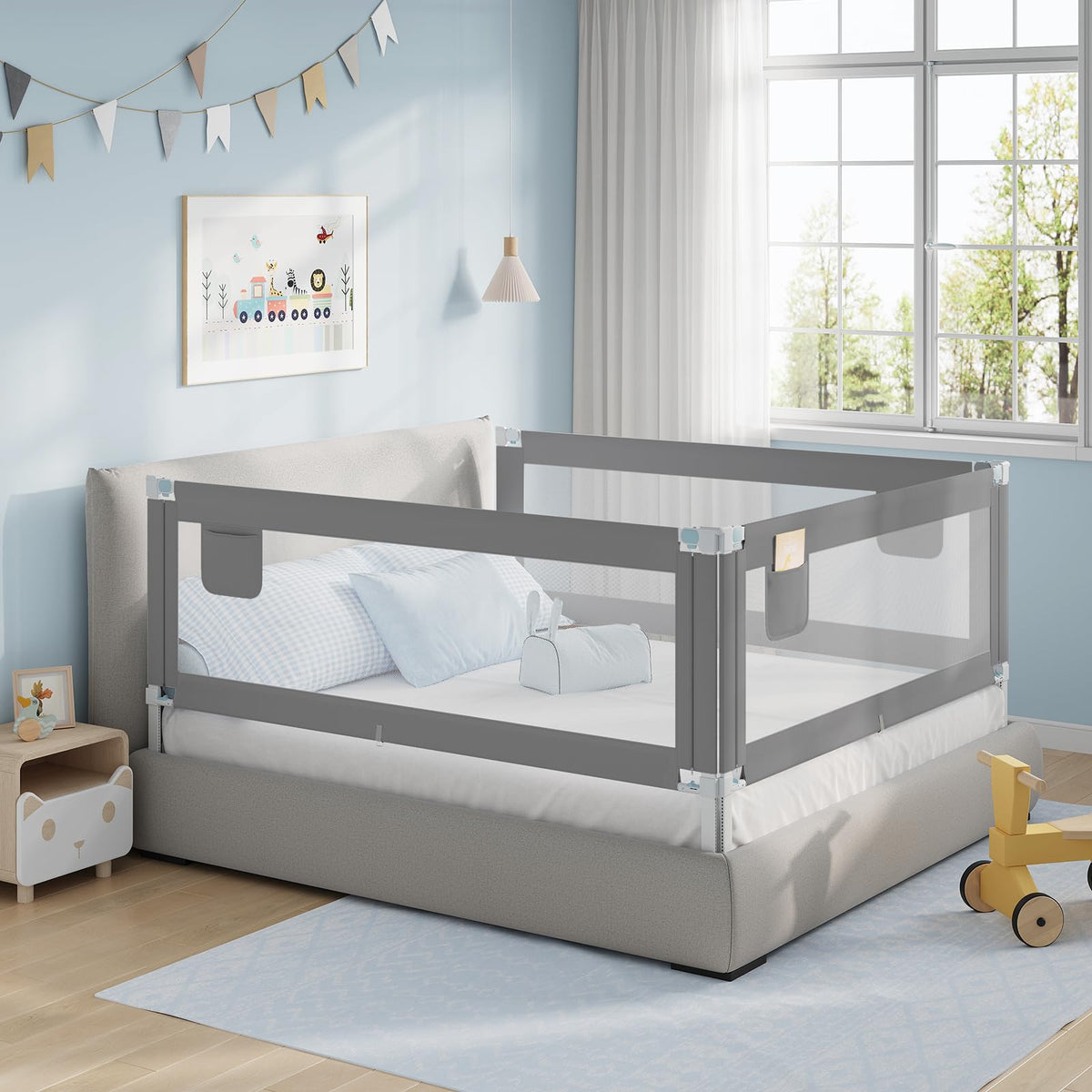 WOLTU - Barrière de lit 150 cm - Réglable en hauteur de 69 à 87 cm - Barrière de sécurité rabattable - Gris foncé
