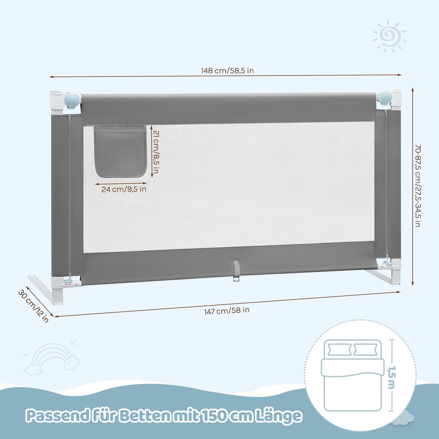 WOLTU - Barrière de lit 150 cm - Réglable en hauteur de 69 à 87 cm - Barrière de sécurité rabattable - Gris foncé