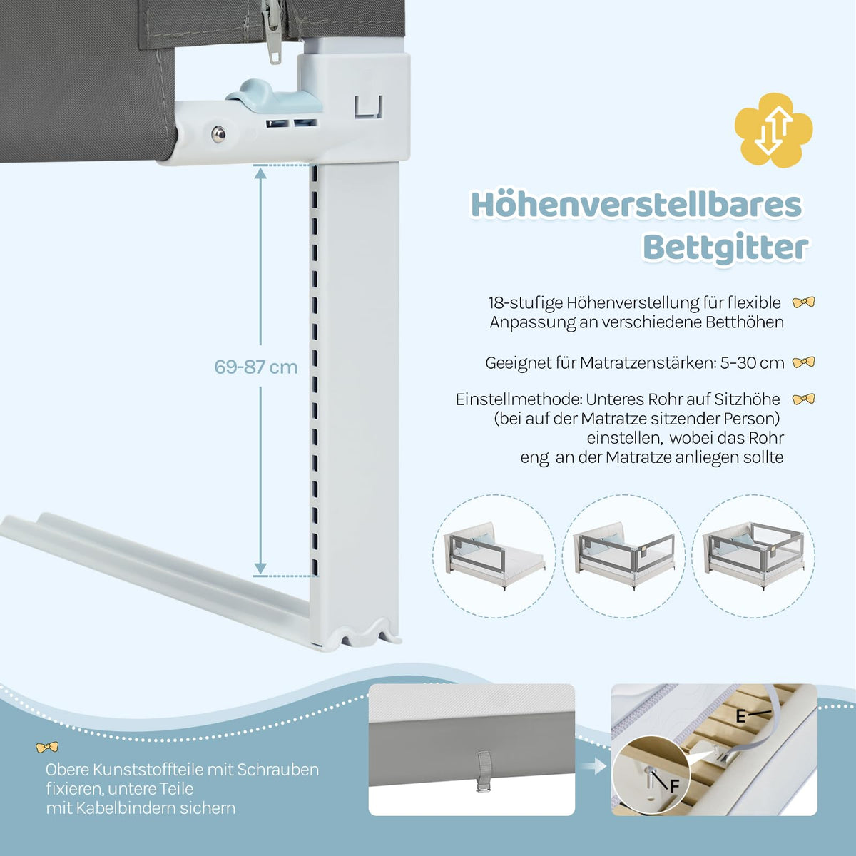 WOLTU - Barrière de lit 150 cm - Réglable en hauteur de 69 à 87 cm - Barrière de sécurité rabattable - Gris foncé