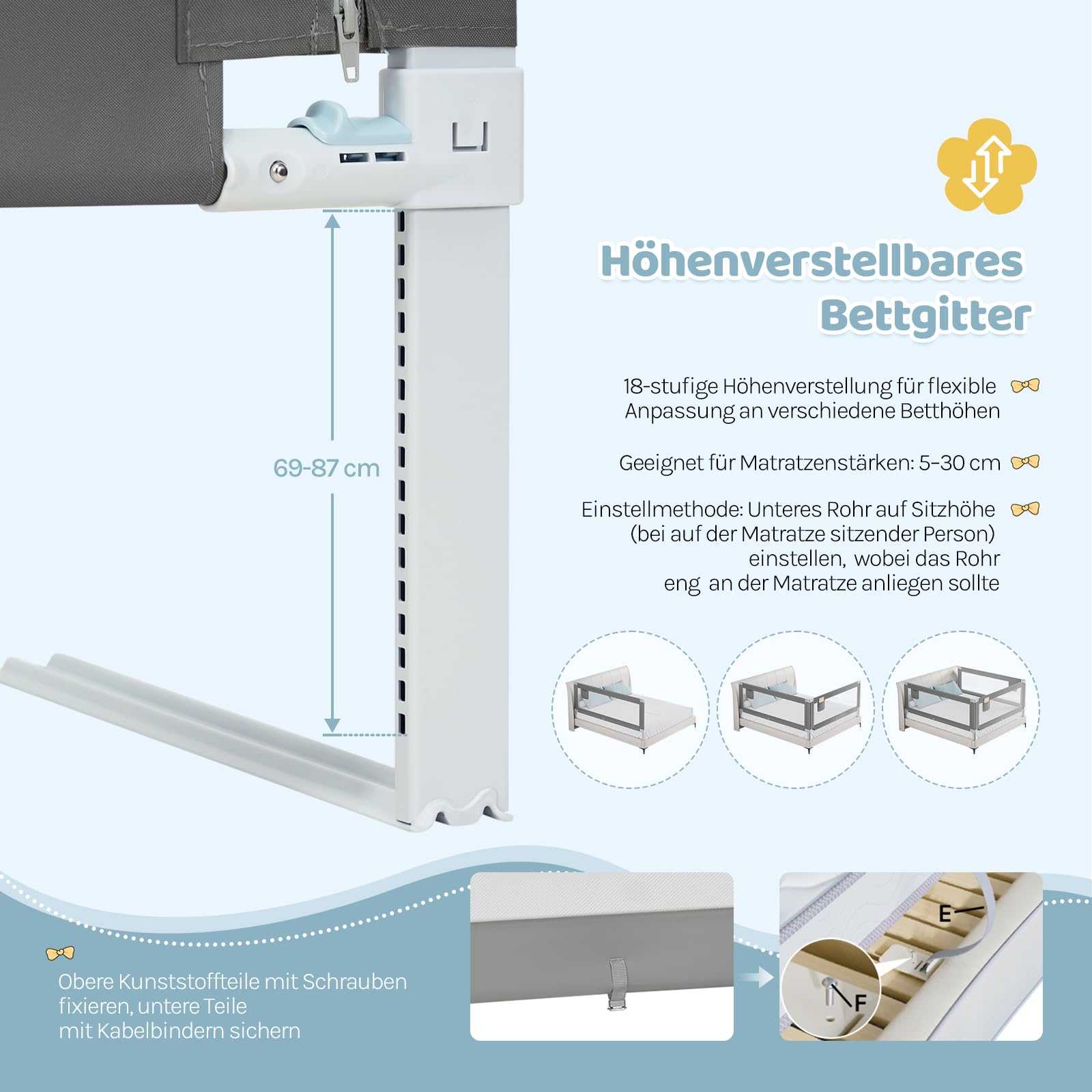 WOLTU - Barrière de lit 150 cm - Réglable en hauteur de 69 à 87 cm - Barrière de sécurité rabattable - Gris foncé