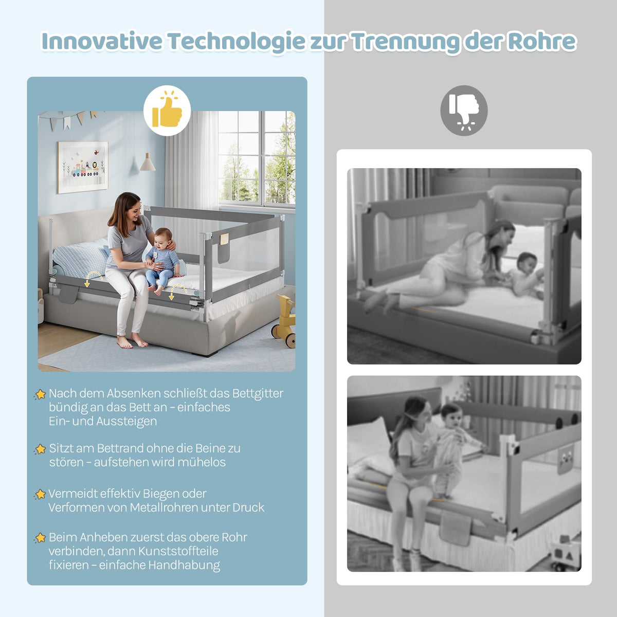 WOLTU - Barrière de lit 150 cm - Réglable en hauteur de 69 à 87 cm - Barrière de sécurité rabattable - Gris foncé