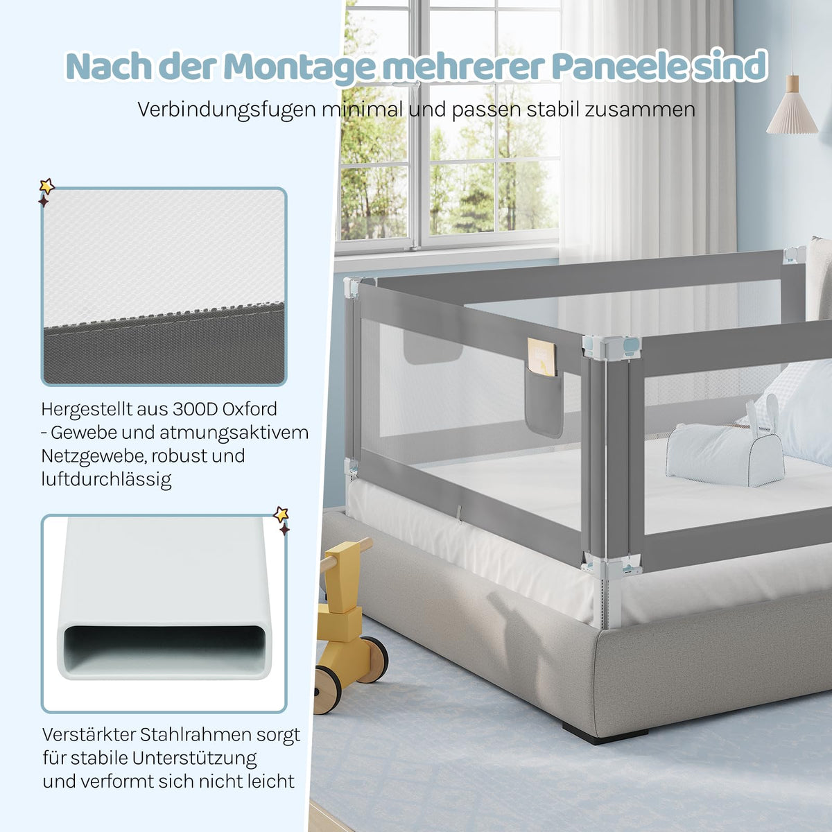 WOLTU - Barrière de lit 150 cm - Réglable en hauteur de 69 à 87 cm - Barrière de sécurité rabattable - Gris foncé