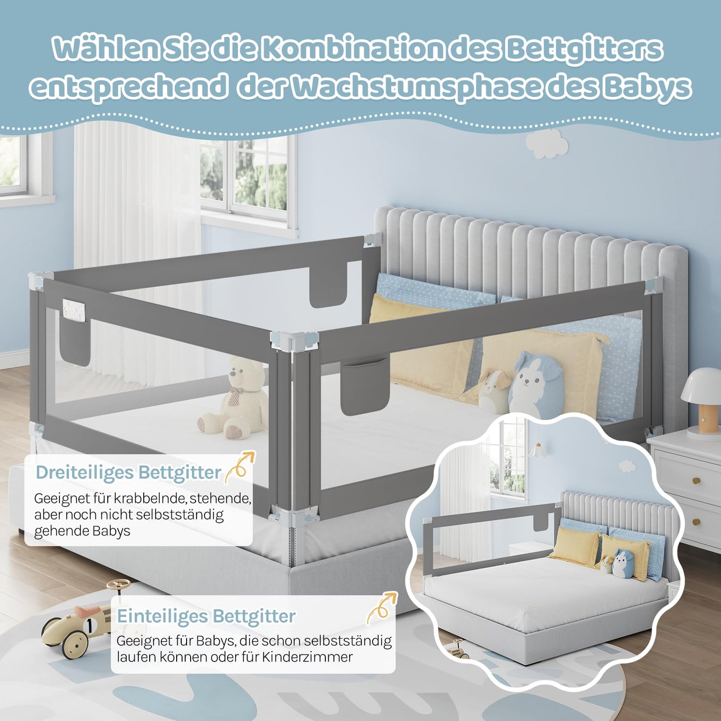 WOLTU - Barrière de lit 150 cm - Réglable en hauteur de 69 à 87 cm - Barrière de sécurité rabattable - Gris foncé