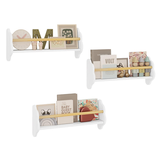 Ensemble d'étagères murales pour enfants WOLTU, 3 pièces - en forme de nuage - MDF blanc avec barre en pin - 3 compartiments ouverts