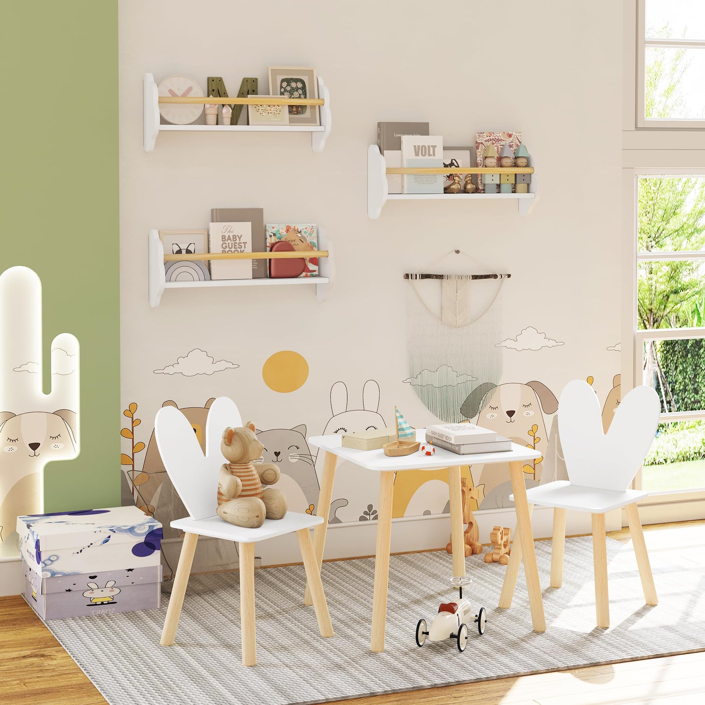 Ensemble d'étagères murales pour enfants WOLTU, 3 pièces - en forme de nuage - MDF blanc avec barre en pin - 3 compartiments ouverts