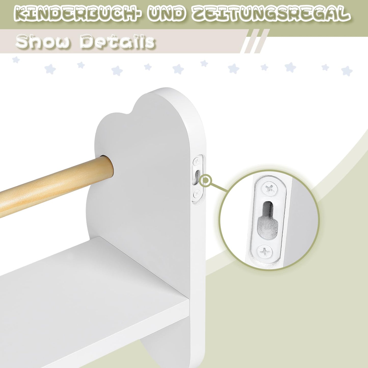 Ensemble d'étagères murales pour enfants WOLTU, 3 pièces - en forme de nuage - MDF blanc avec barre en pin - 3 compartiments ouverts