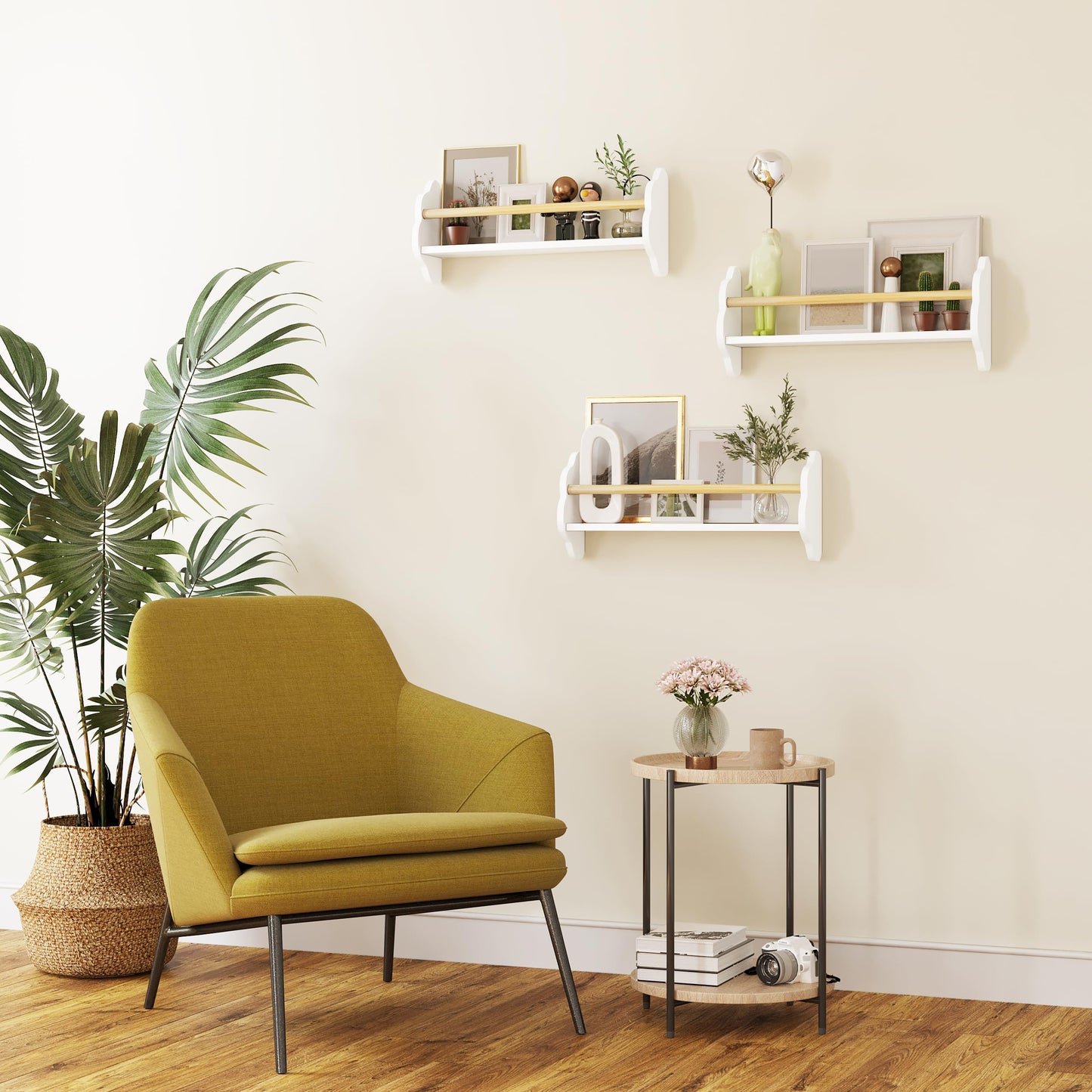 Ensemble d'étagères murales pour enfants WOLTU, 3 pièces - en forme de nuage - MDF blanc avec barre en pin - 3 compartiments ouverts
